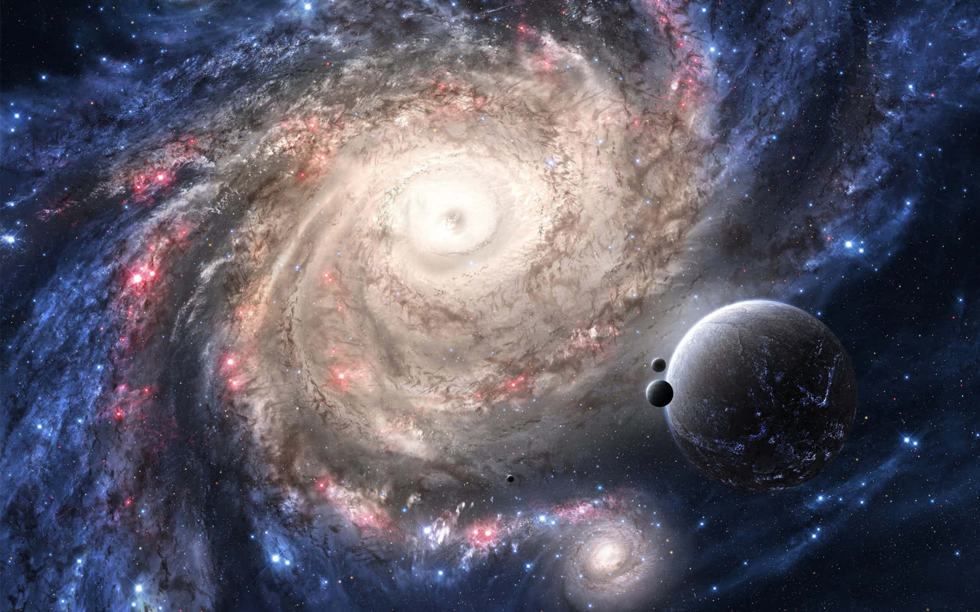 Dark Matter, spiral galaxy, blue and pink gas, Full HD Desktop Wallpaper