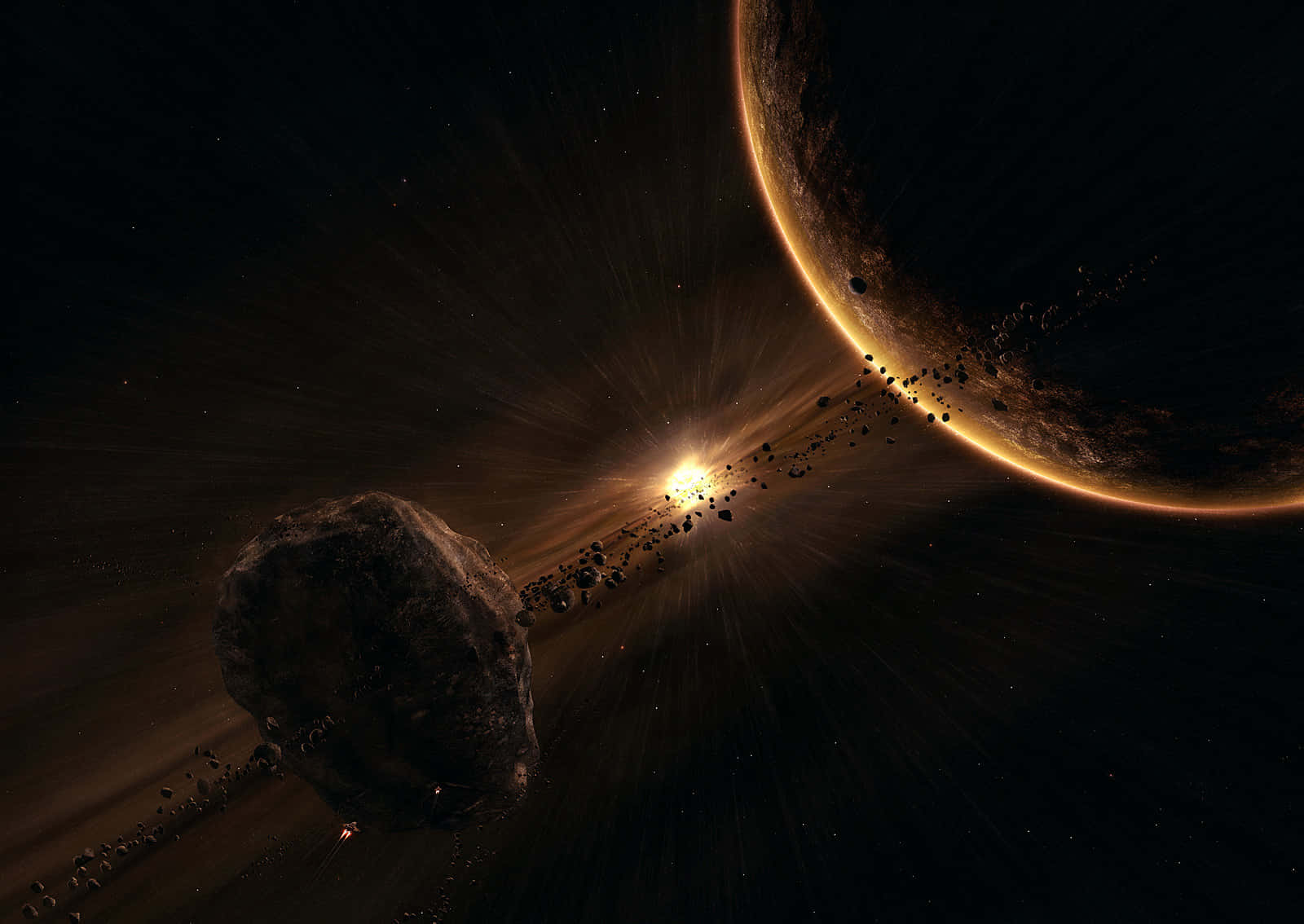 Dark matter, crescent planet, large asteroid, HD Desktop Wallpaper