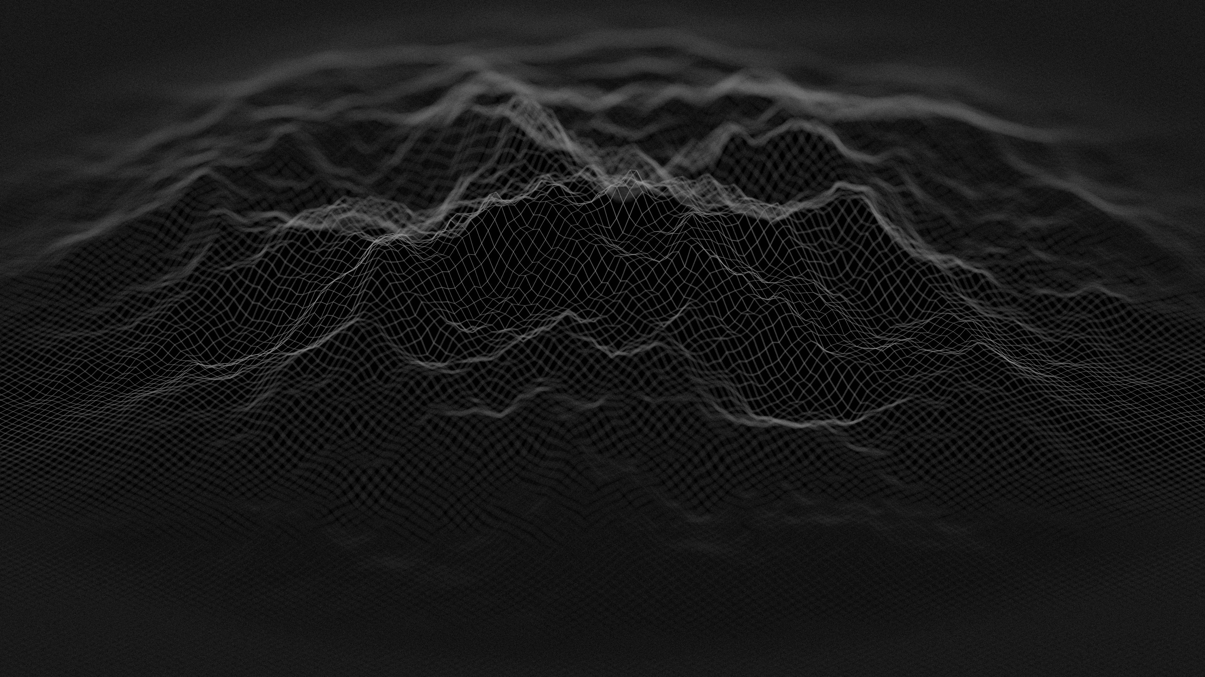 dark minimalist, 3d landscape, glowing white wireframe waves, 4K Desktop Wallpaper
