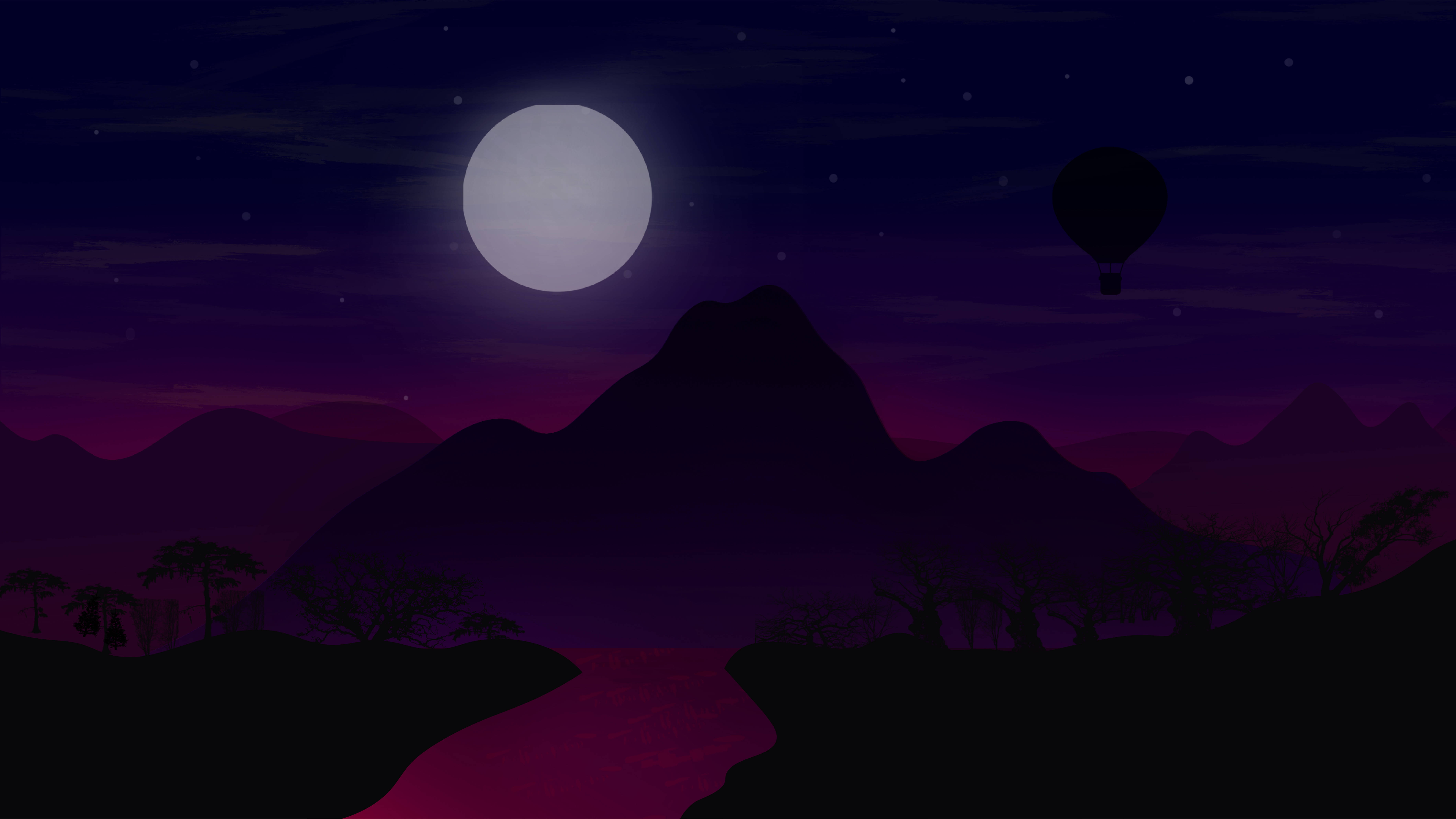 full moon, starry purple night sky, silhouetted mountains, 5K Desktop Wallpaper