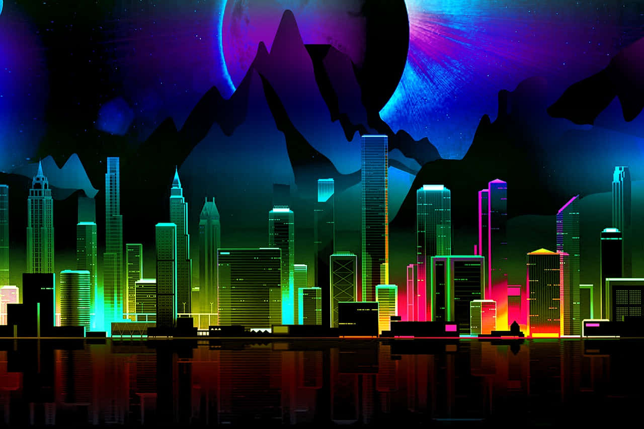 futuristic minimalism, neon city skyline, cosmic purple moon, HD Desktop Wallpaper