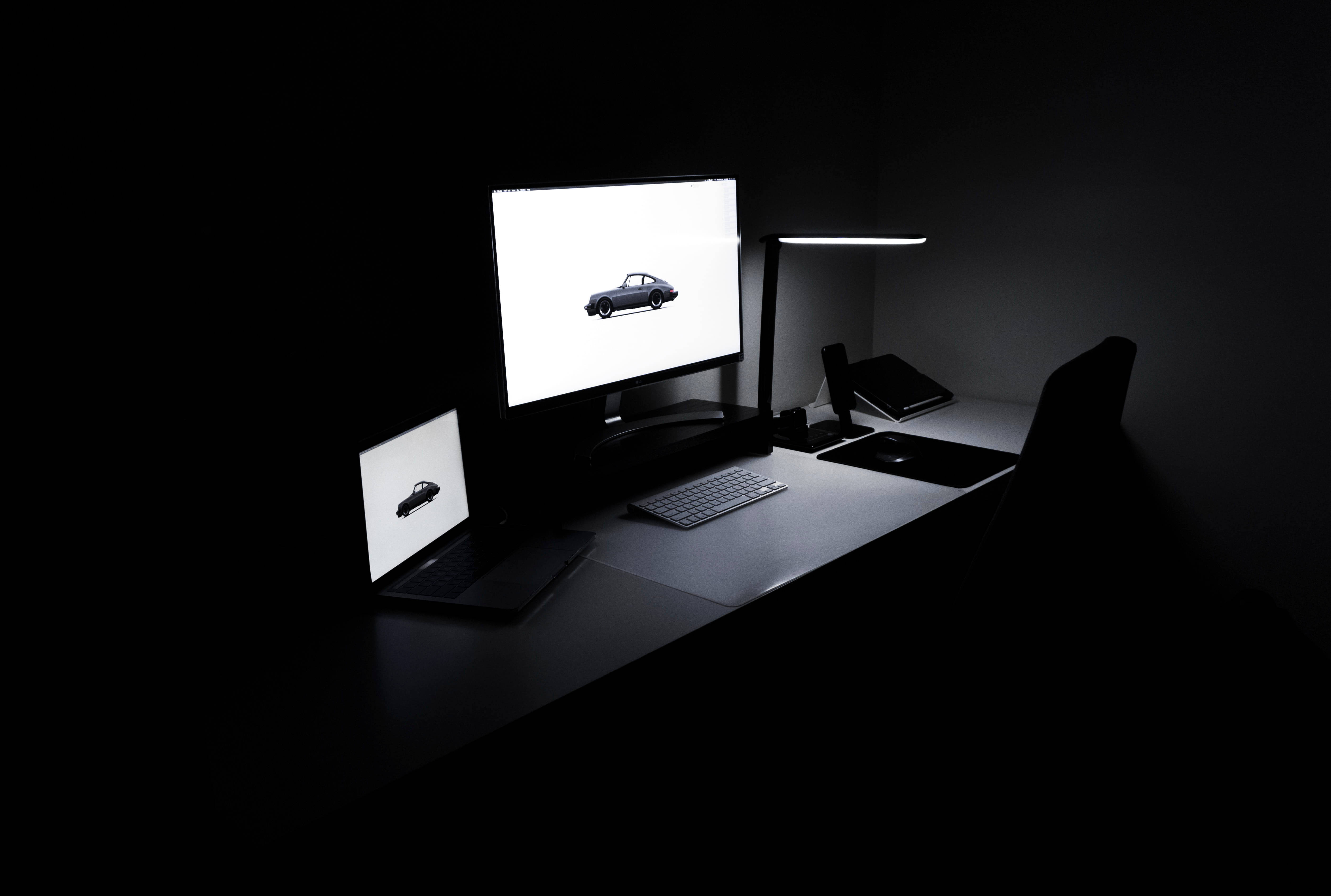 dark laptop, black computer setup, classic car, 4K Desktop Wallpaper