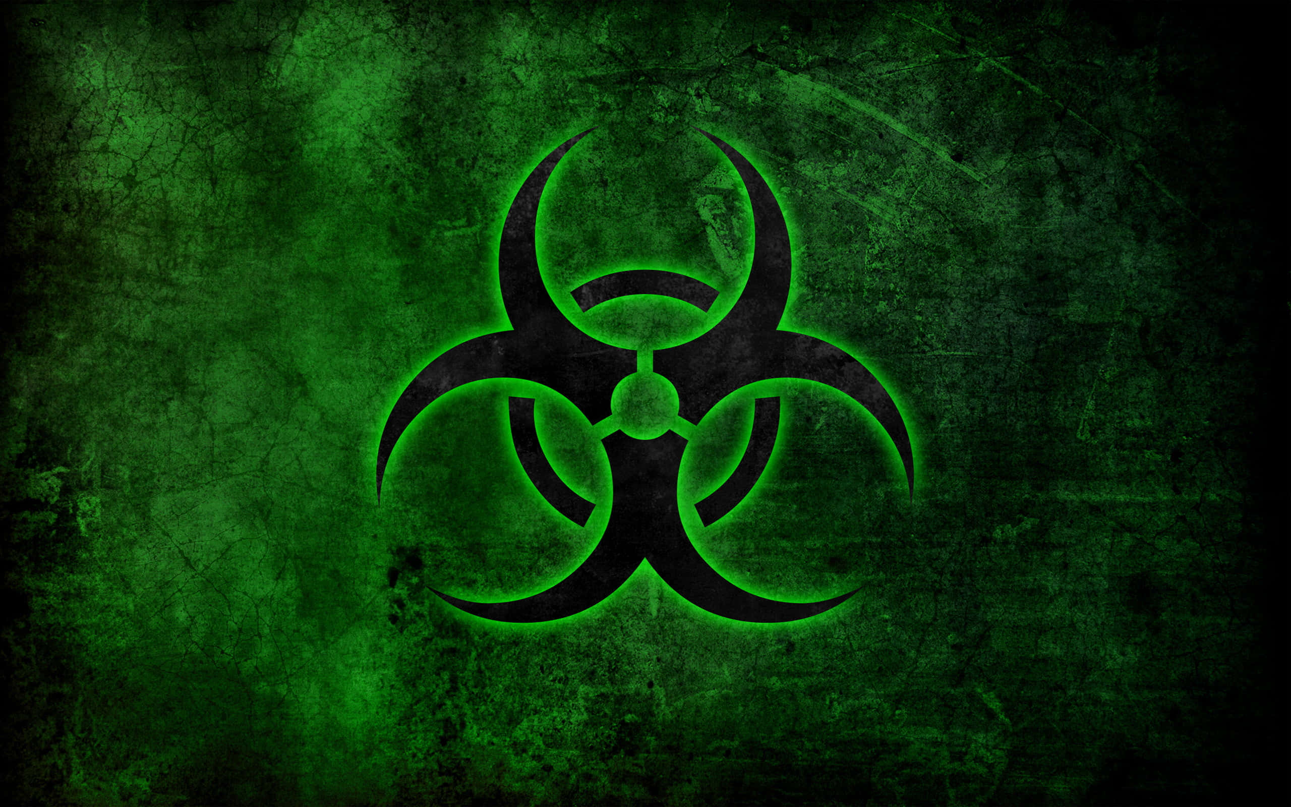 biohazard symbol, glowing green, textured dark green grungy background, 2K Desktop Wallpaper