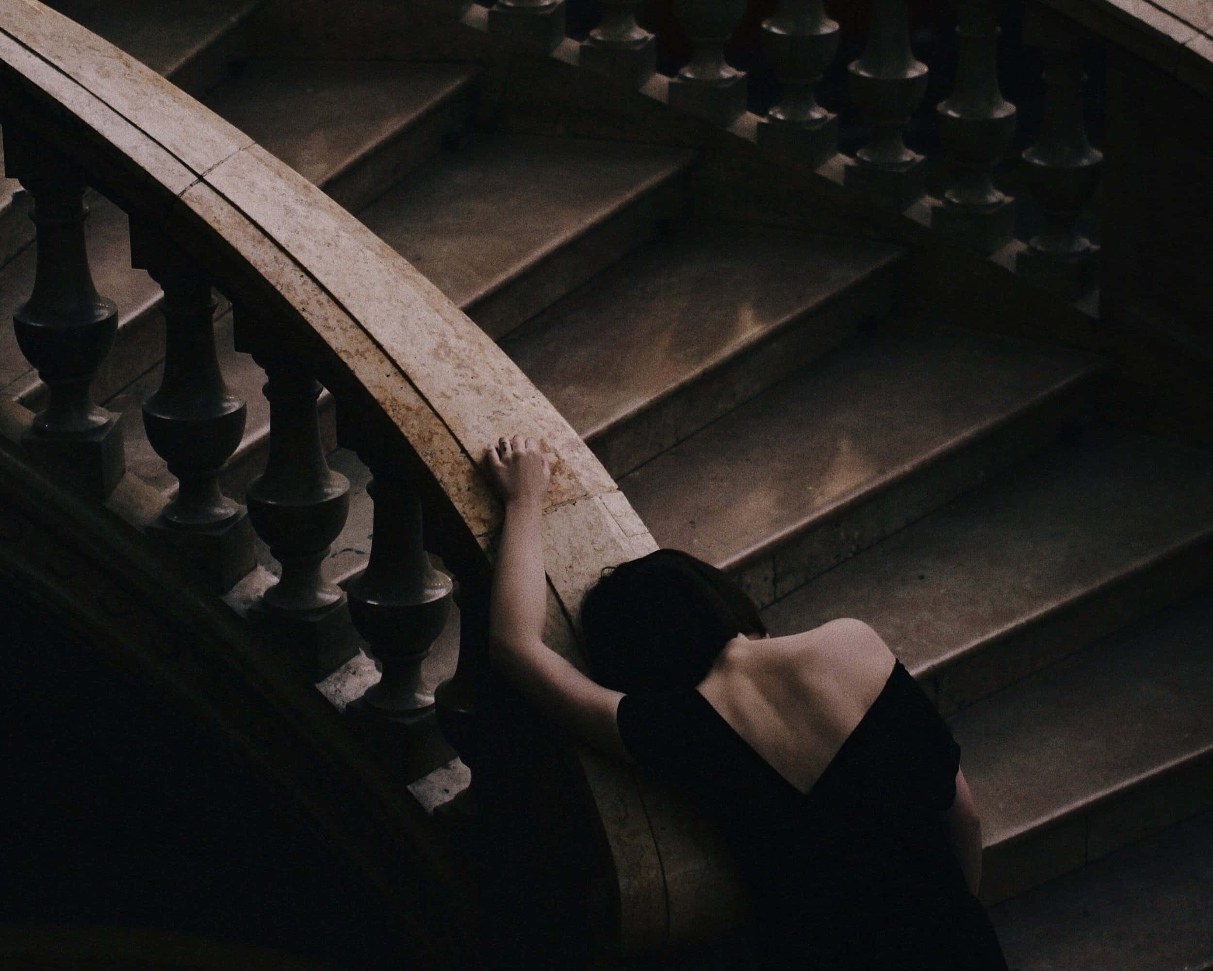 Dark Staircase Contemplation, stone staircase railing, dim, moody lighting, Full HD Desktop Wallpaper