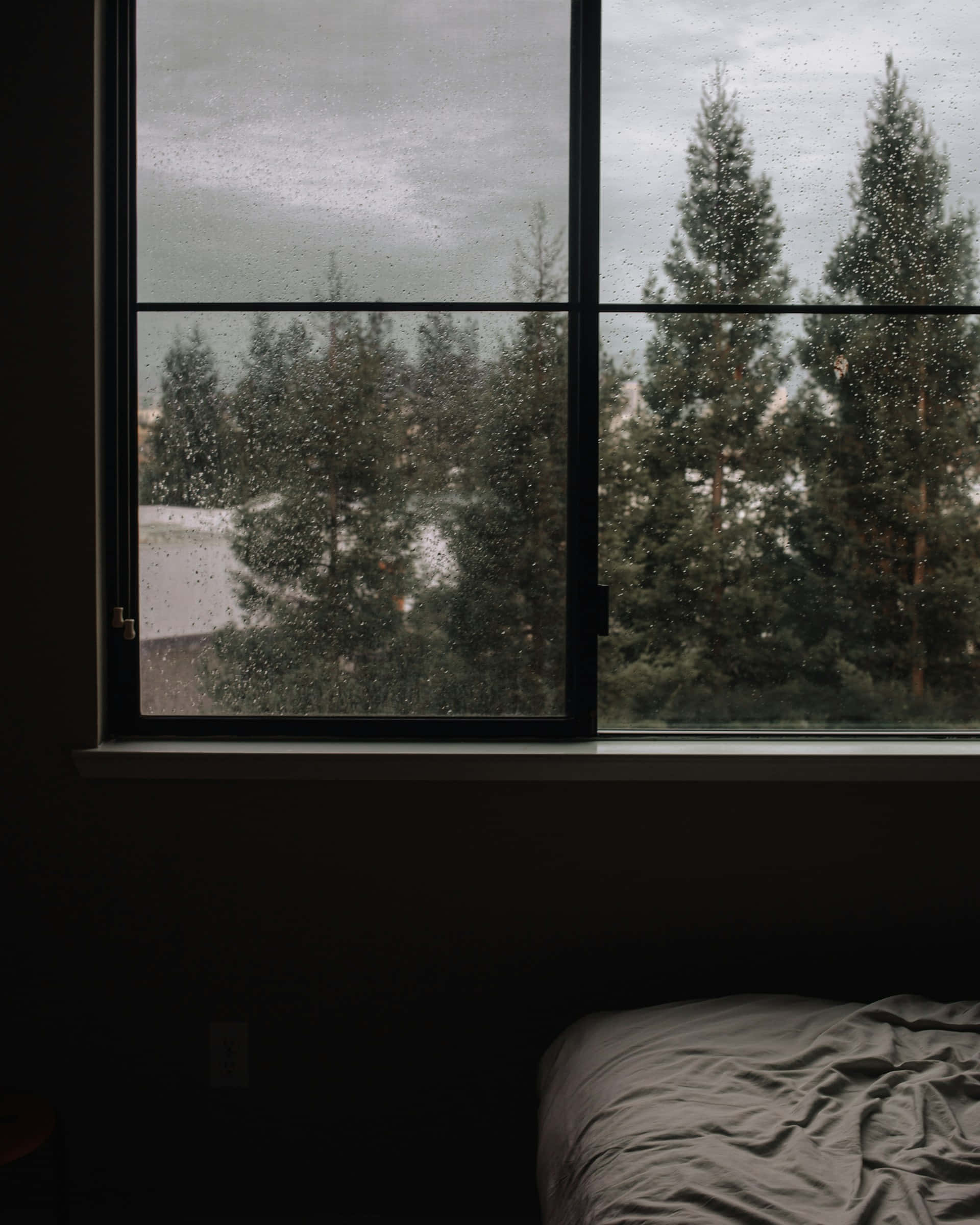 dark moody bedroom, rainy window, gray bed, Full HD Phone Wallpaper