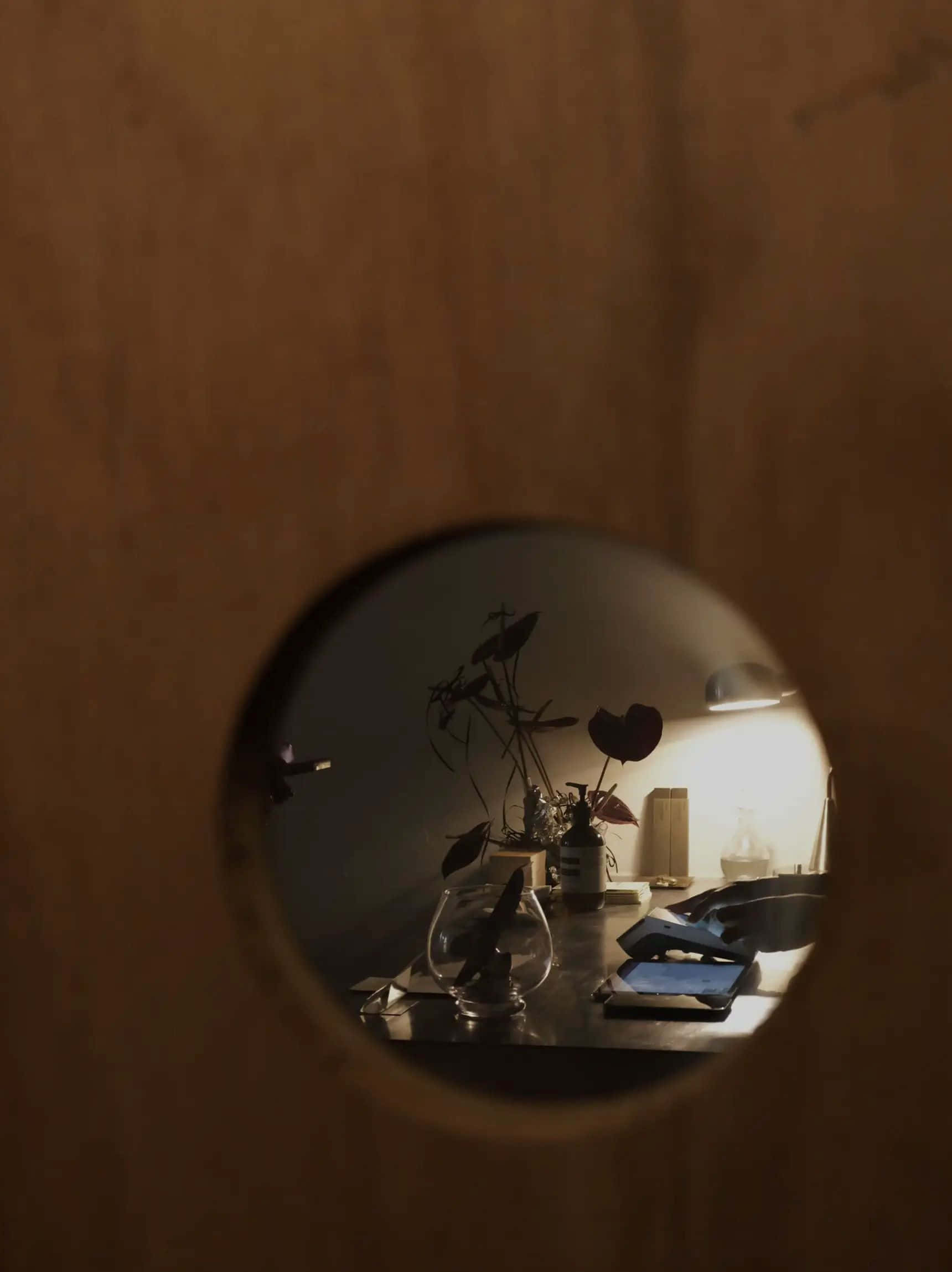 Dark Moody Aesthetic, circular peephole, wooden door, Full HD Phone Wallpaper