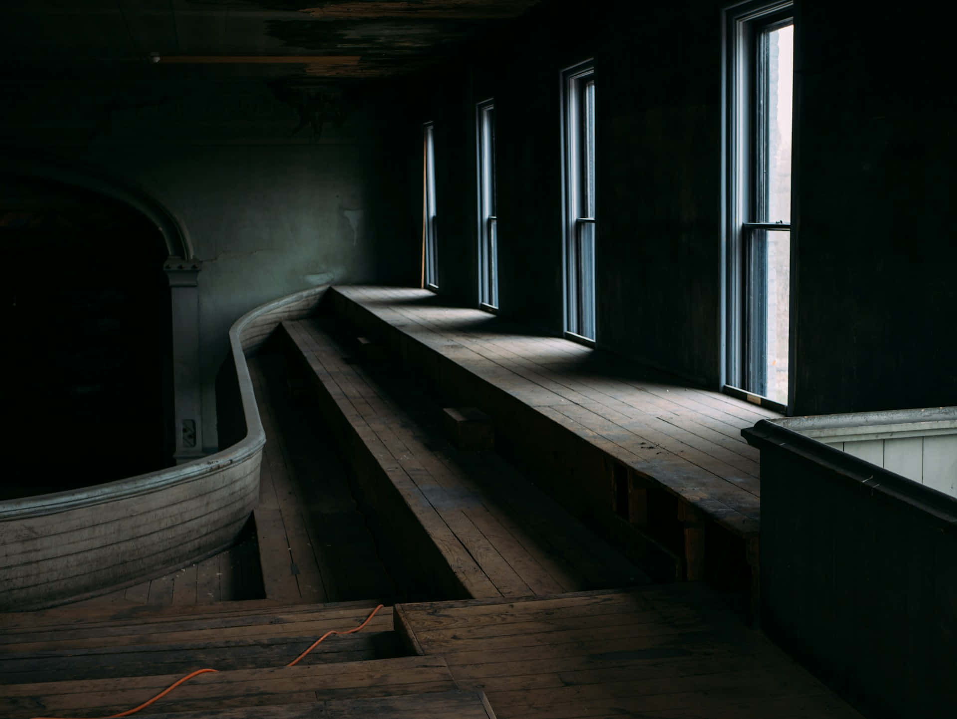 Dark Moody Corridor With Windows, tall windows, weathered wooden benches, Full HD Desktop Wallpaper
