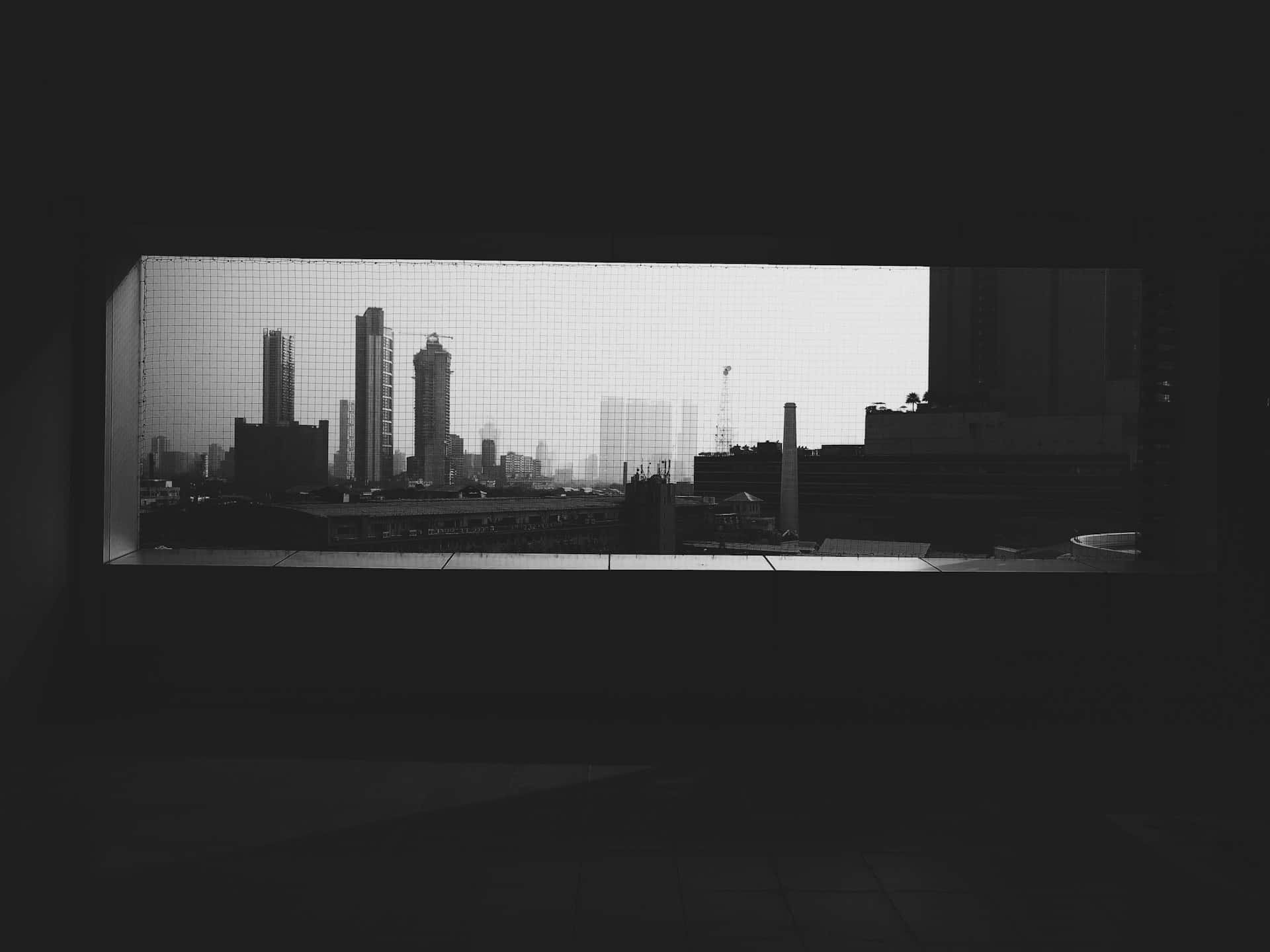 Dark Cityscape Window View, monochrome cityscape, grid-patterned window, Full HD Desktop Wallpaper