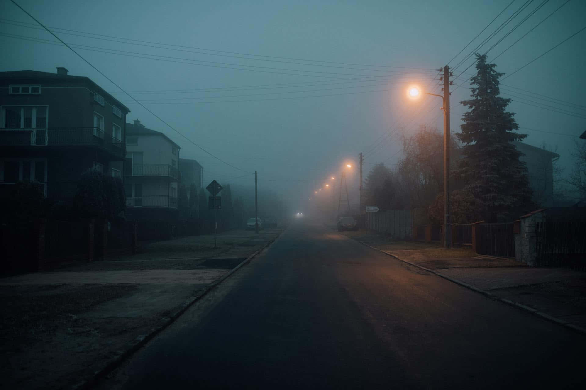 foggy street, dawn, warm streetlights, Full HD Desktop Wallpaper