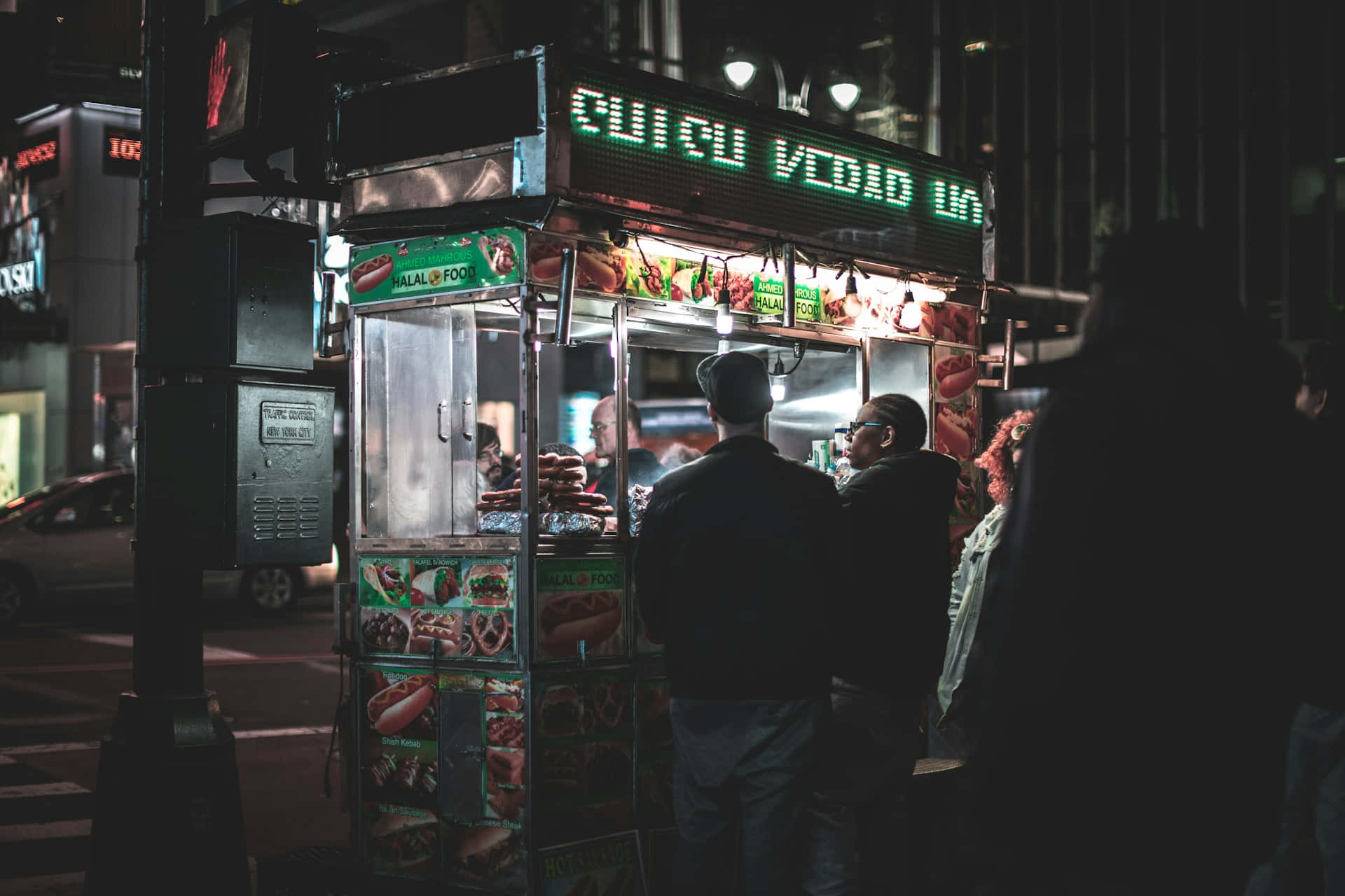 Dark City Night Food Stand, hot dog cart, neon lights, Full HD Desktop Wallpaper