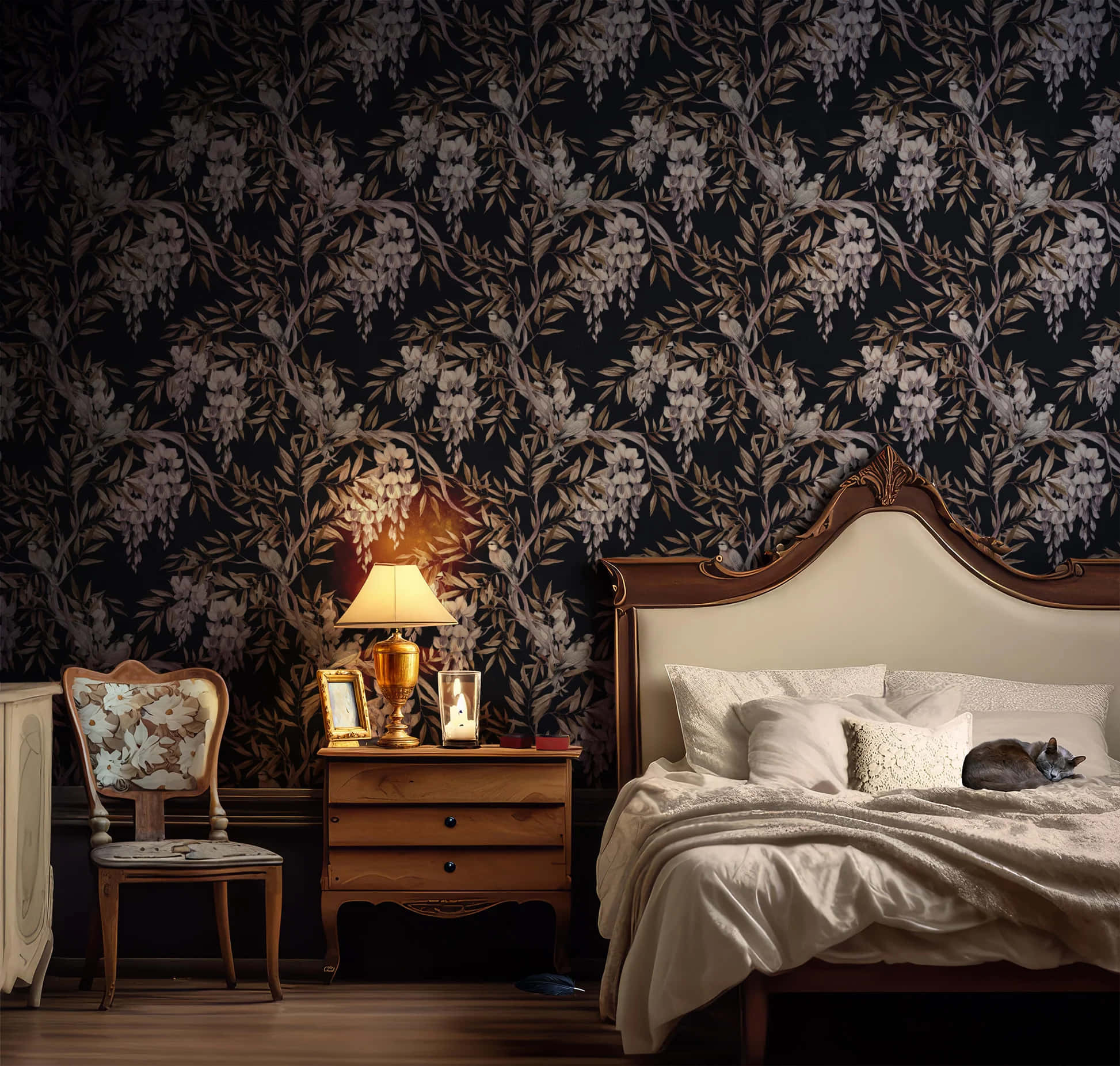 dark floral wallpaper, wooden bed, sleeping cat, Full HD Desktop Wallpaper