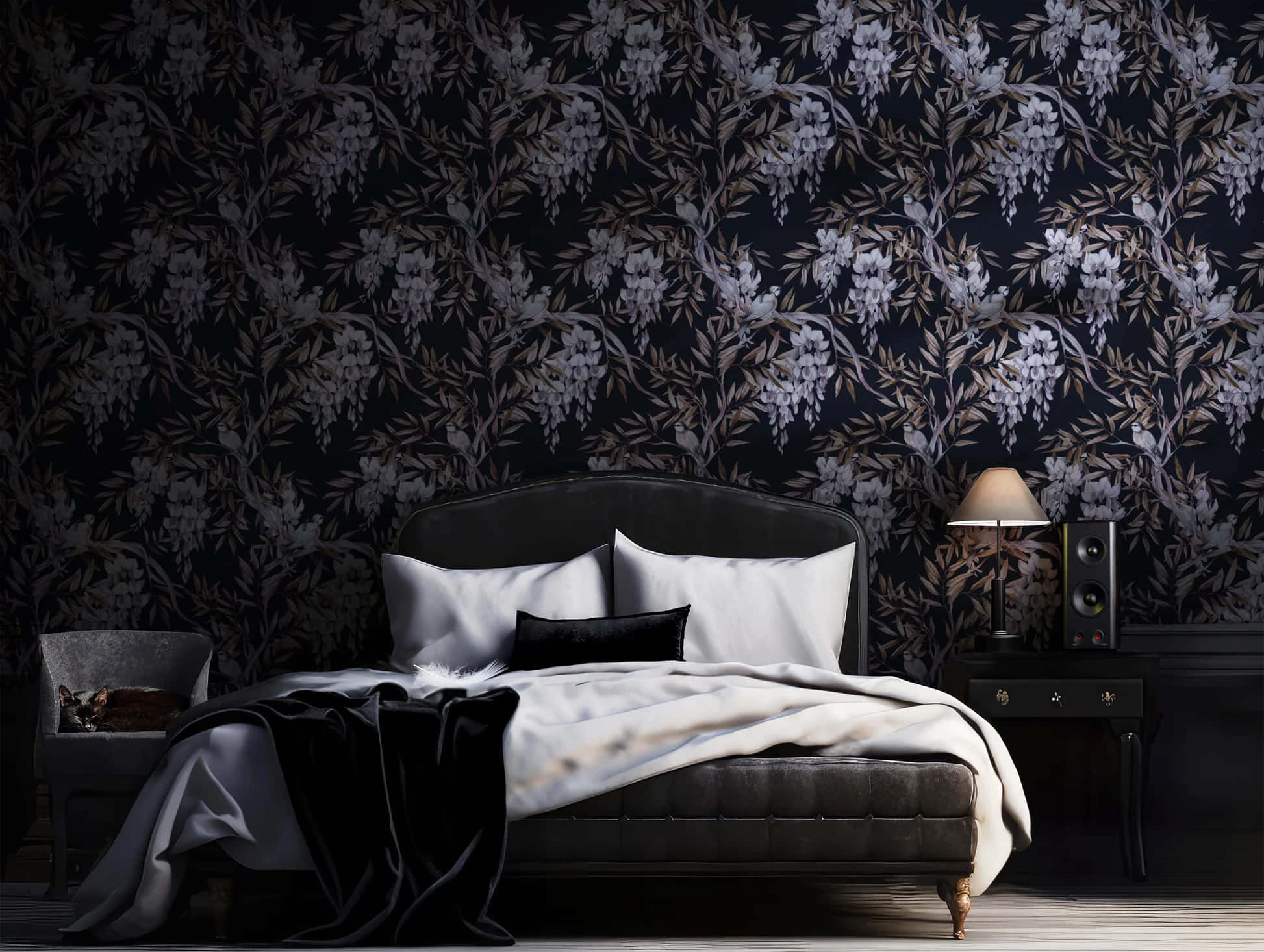 black bed, white pillows, dark navy wall, Full HD Desktop Wallpaper