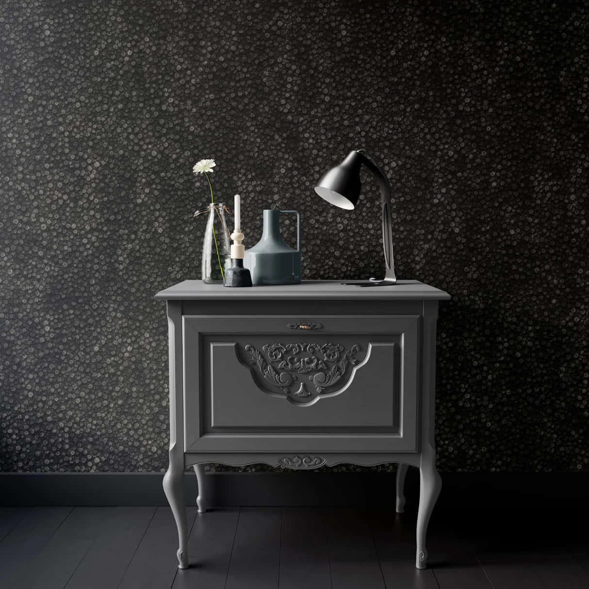 classic console table, gray ornate side table, black lamp, SD Desktop Wallpaper