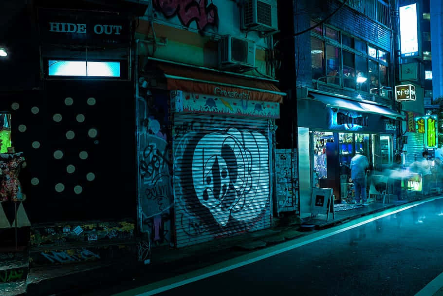 neon-lit urban alley, night, graffiti-covered shutters, SD Desktop Wallpaper