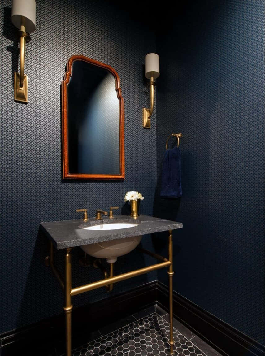 dark blue patterned walls, gold fixtures, hexagonal tile floor, SD Phone Wallpaper