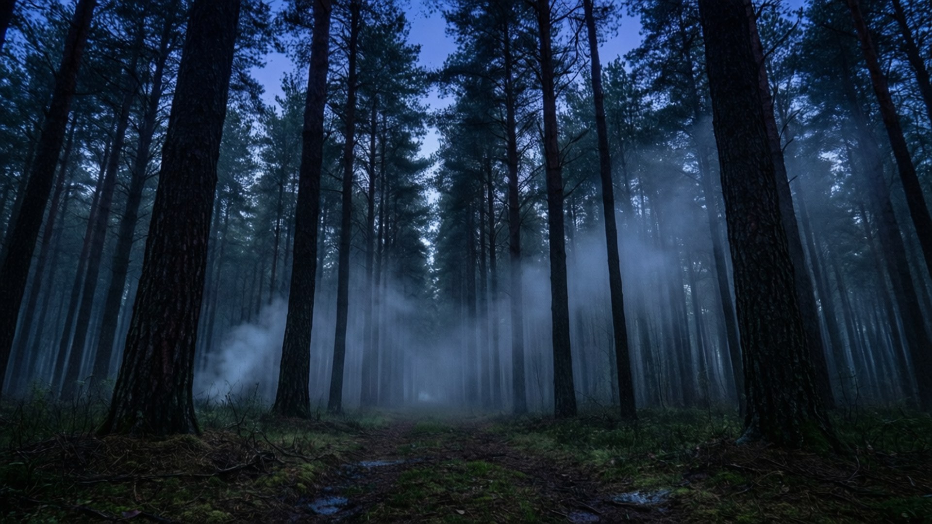 Twilight Pine Silence, moody forest landscape, dark silhouettes, Full HD Desktop Wallpaper
