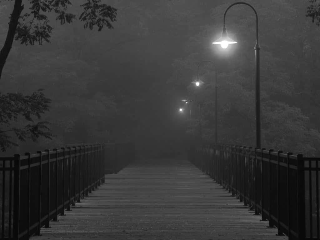 Dark Depressing, misty monochrome bridge, dim lamp posts, SD Desktop Wallpaper