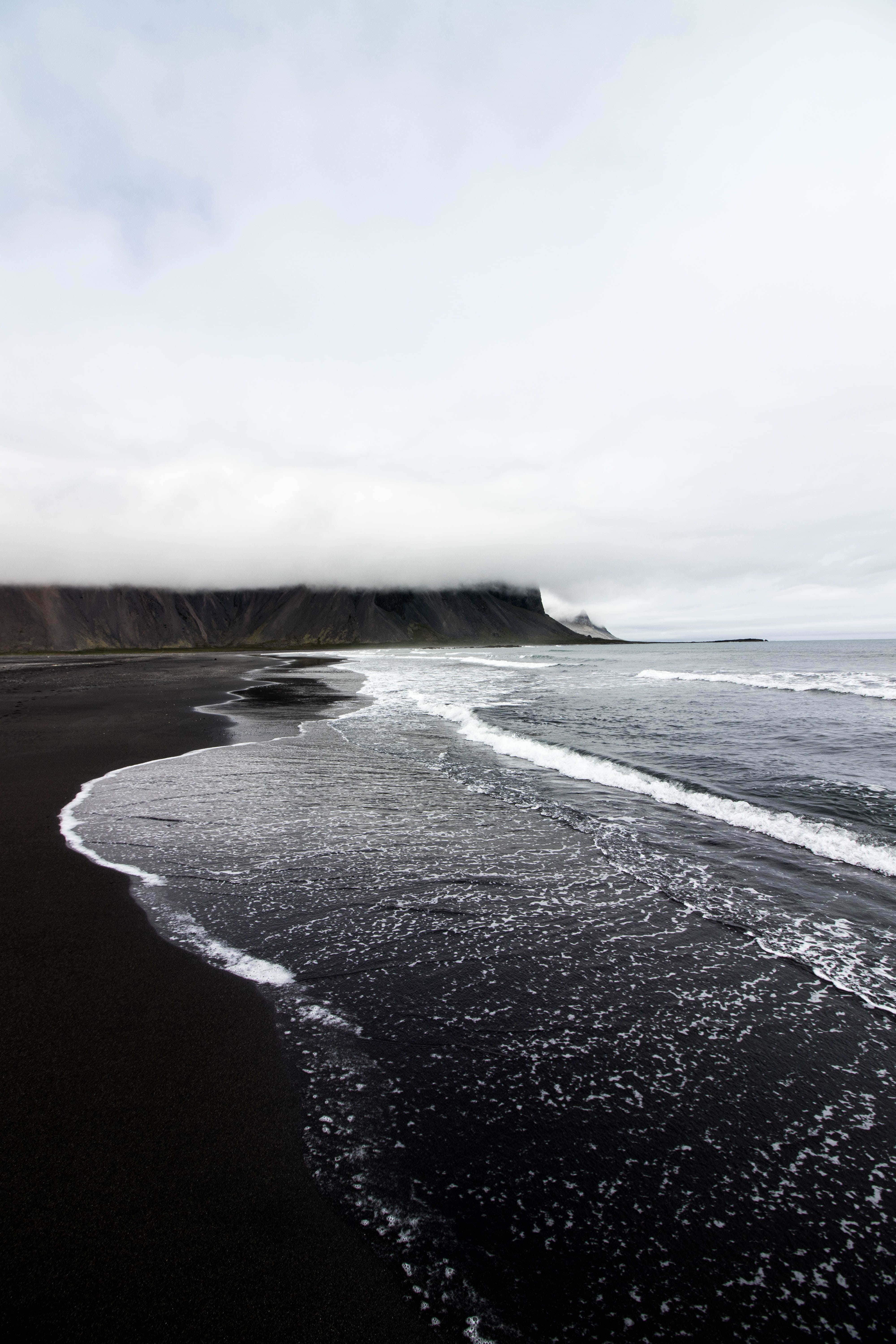 Dark Moody, volcanic beach, overcast sky, 5K Phone Wallpaper
