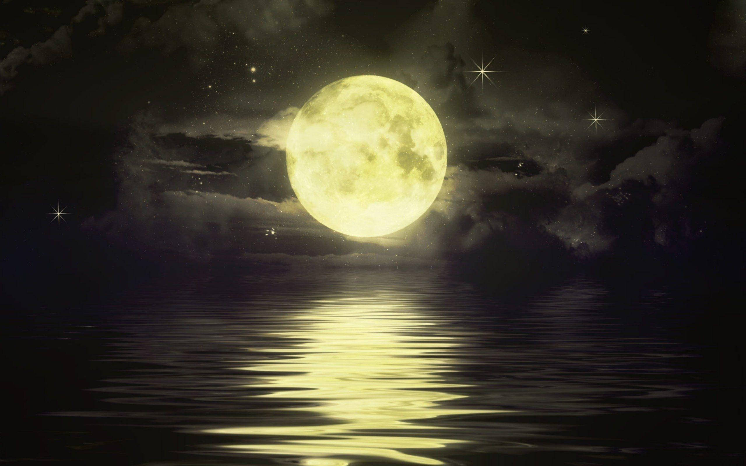 Dark Night, bright yellow moon, calm dark water surface, 2K Desktop Wallpaper