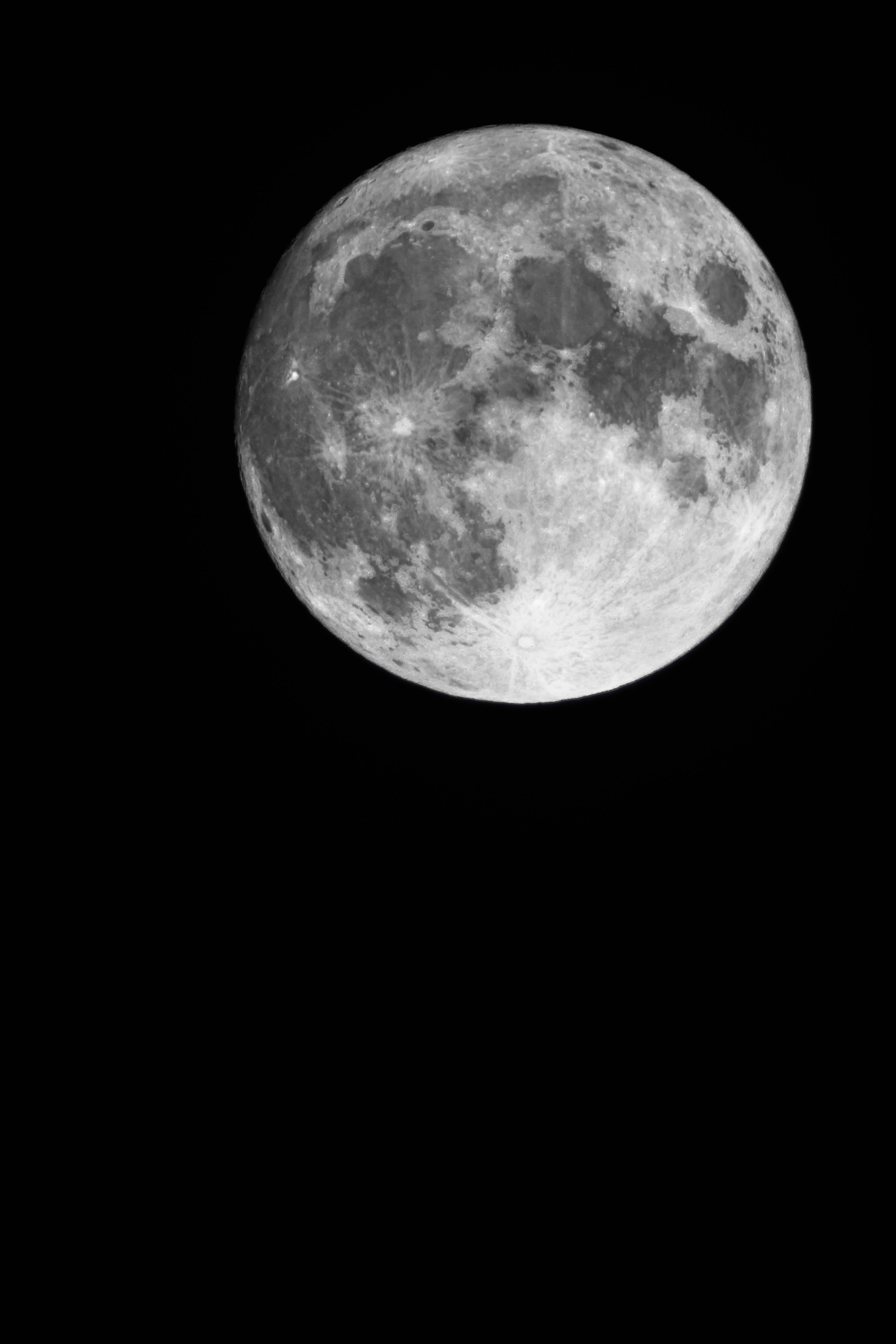 Dark Aesthetic Moon, grayscale full moon, pitch-black sky, 5K Phone Wallpaper