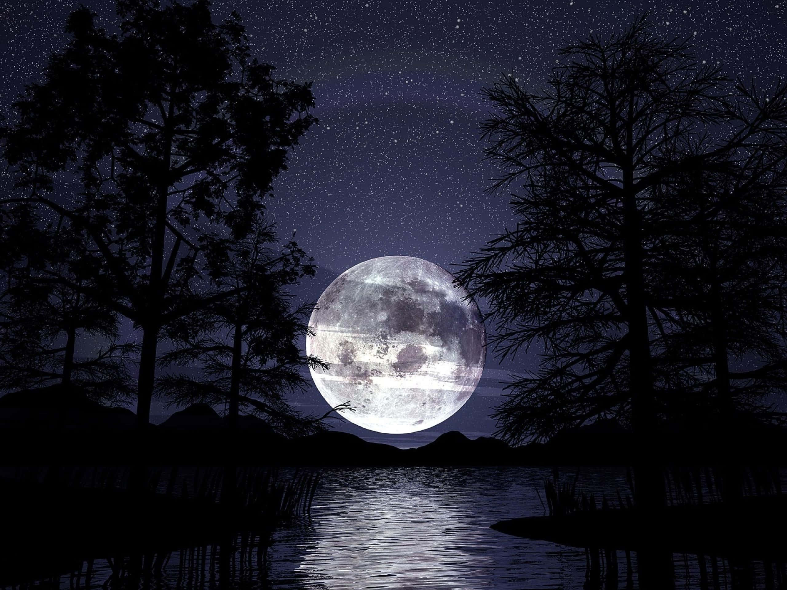 Dark Moon, full moon, tranquil lake, 2K Desktop Wallpaper
