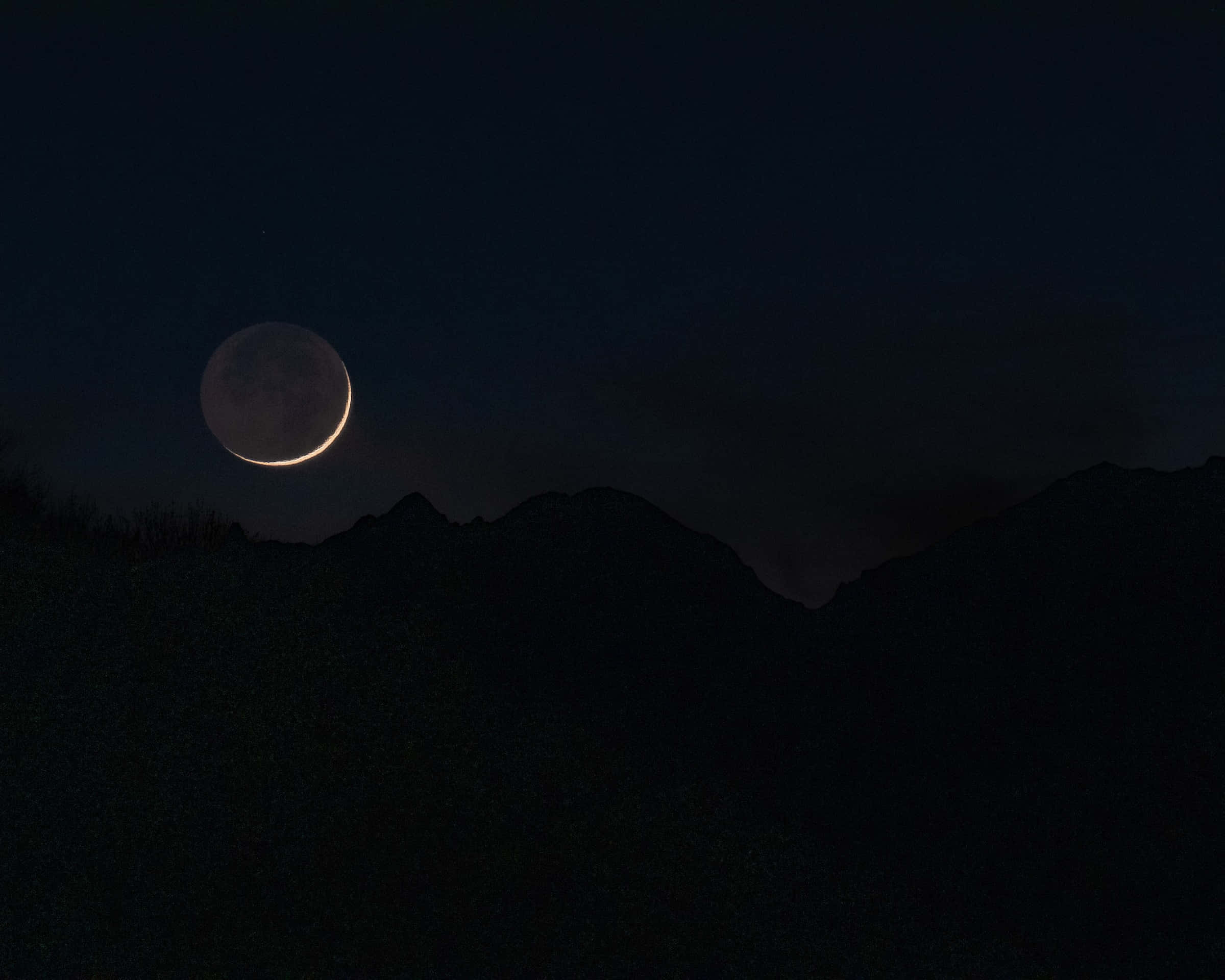 Dark Moon, crescent moon, dark mountain silhouettes, Full HD Desktop Wallpaper