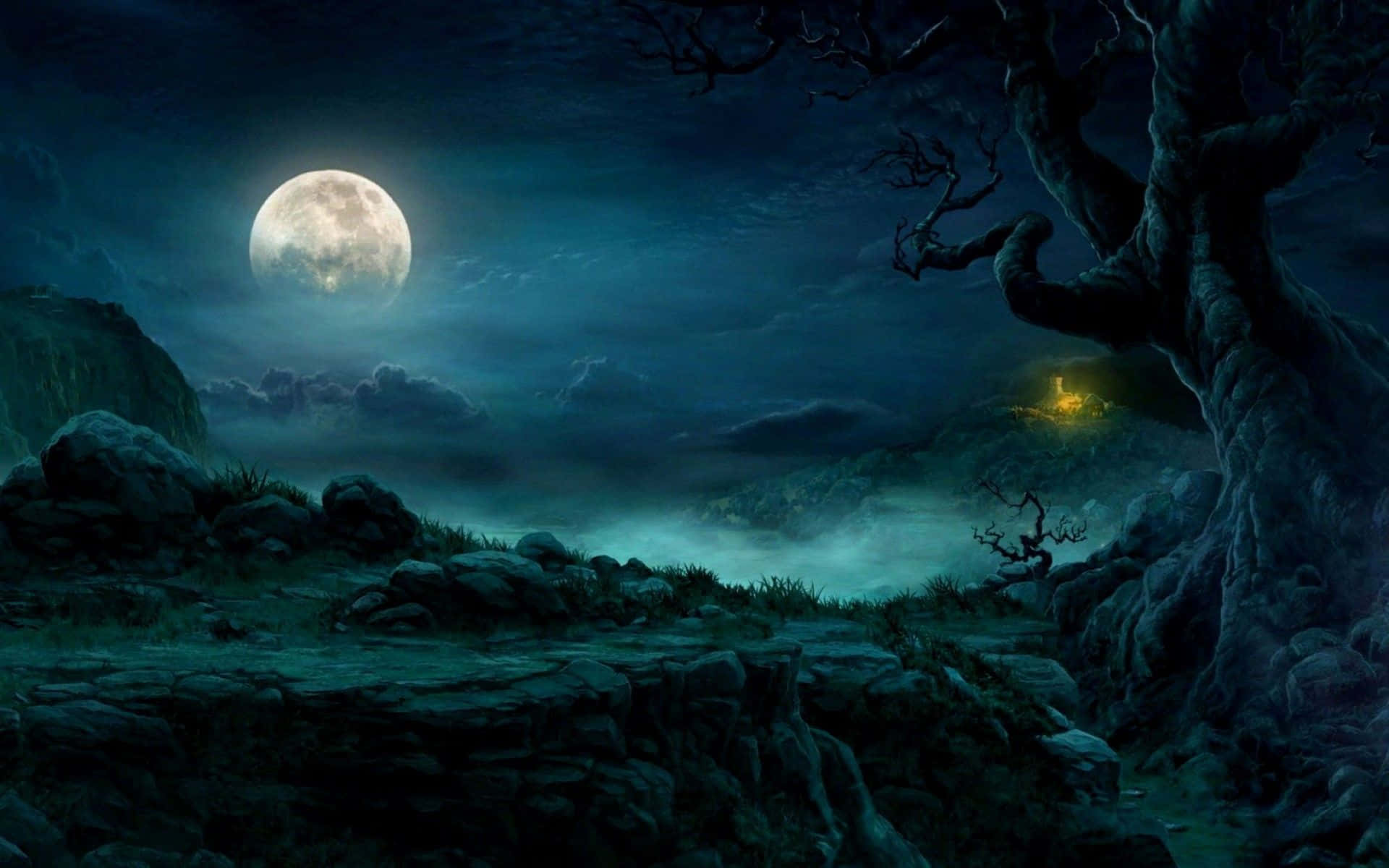Dark Moon, full moon, misty valley, Full HD Desktop Wallpaper
