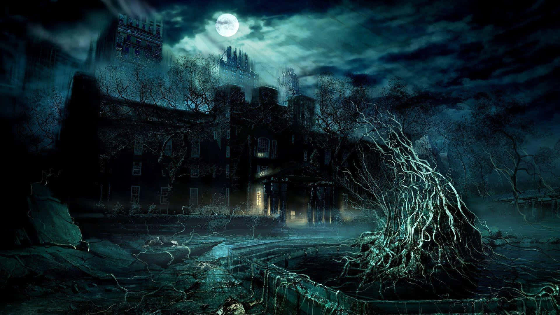Dark Moon, full moon, haunted mansion, Full HD Desktop Wallpaper