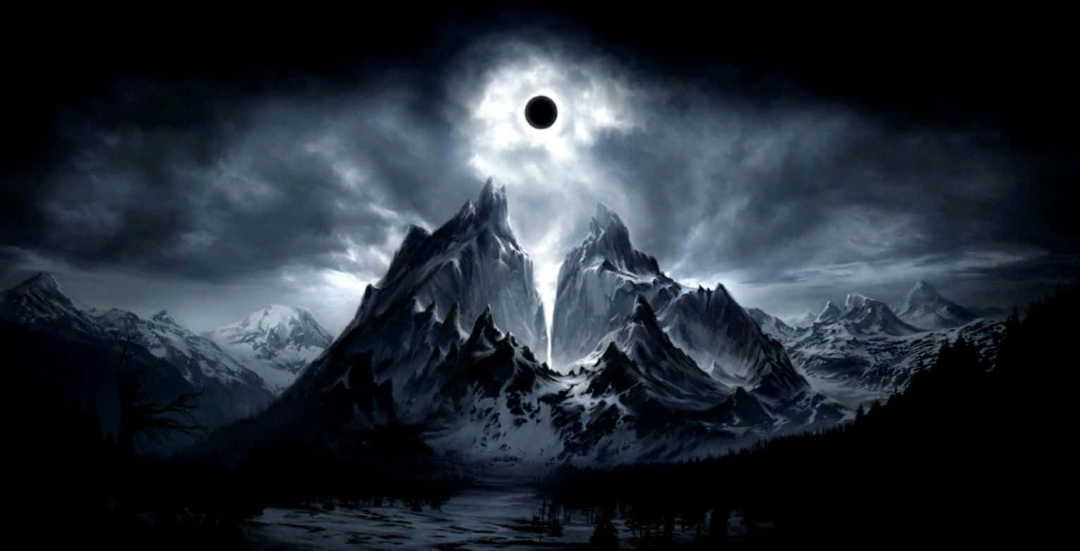Dark Moon, solar eclipse, snow-capped peaks, HD Desktop Wallpaper