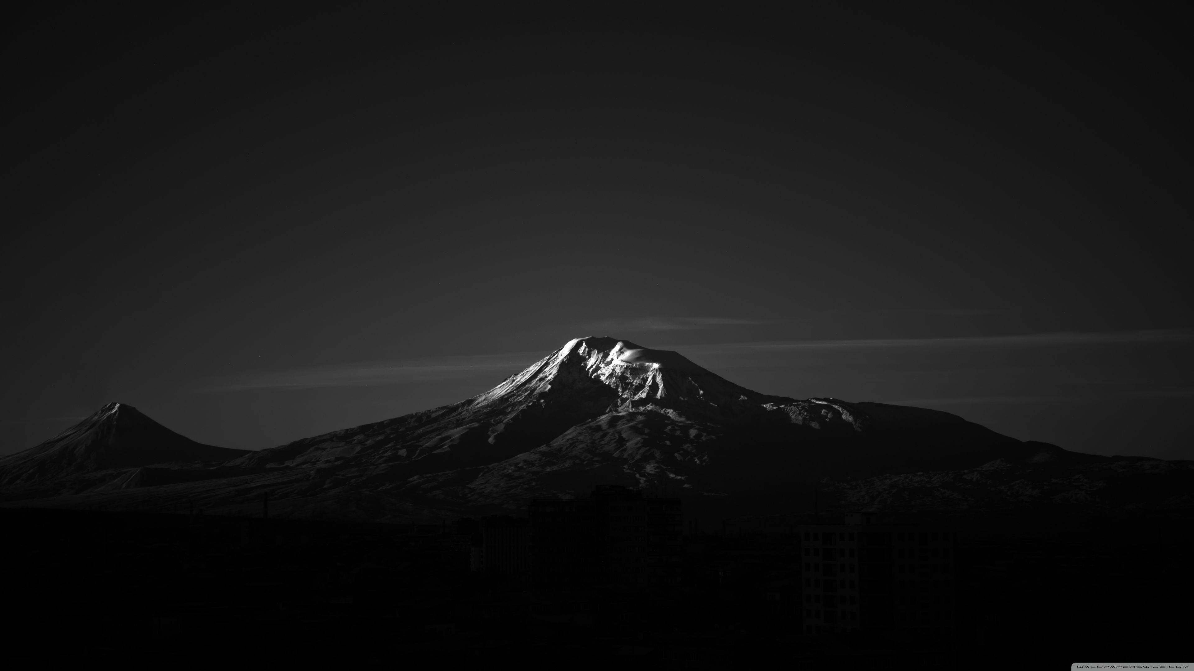 Dark Mountain, black and white mountain silhouette, snow-capped peak, 4K Desktop Wallpaper