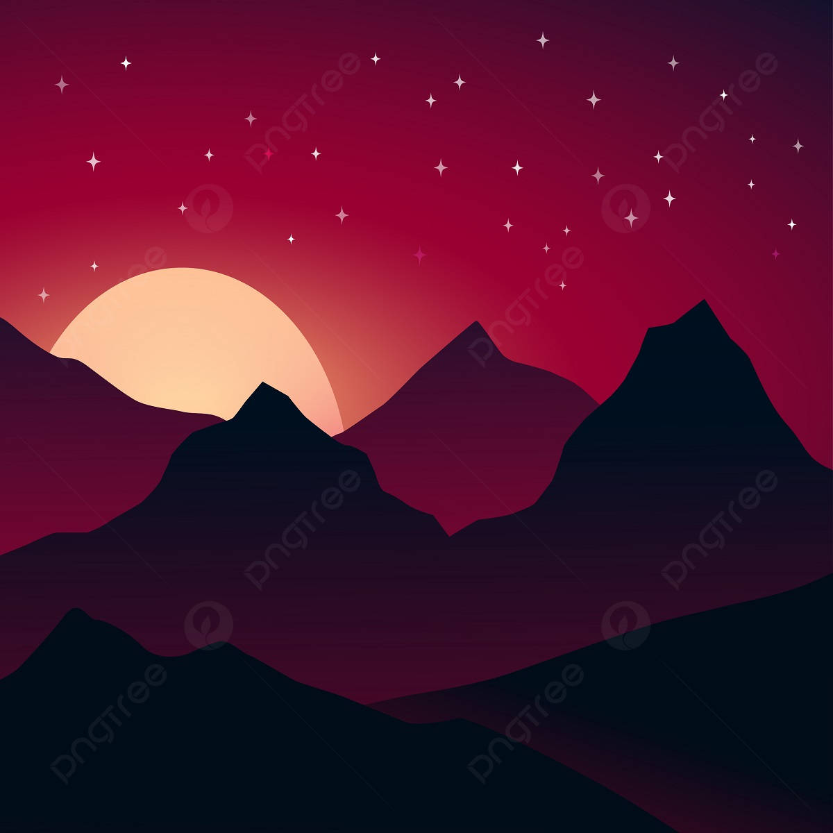 Night Mountain, vibrant red twilight sky, twinkling stars, SD Desktop Wallpaper