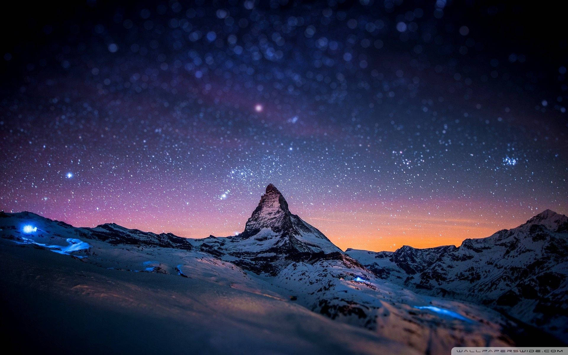mountain peak, starry twilight sky, purple and orange hues, Full HD Desktop Wallpaper