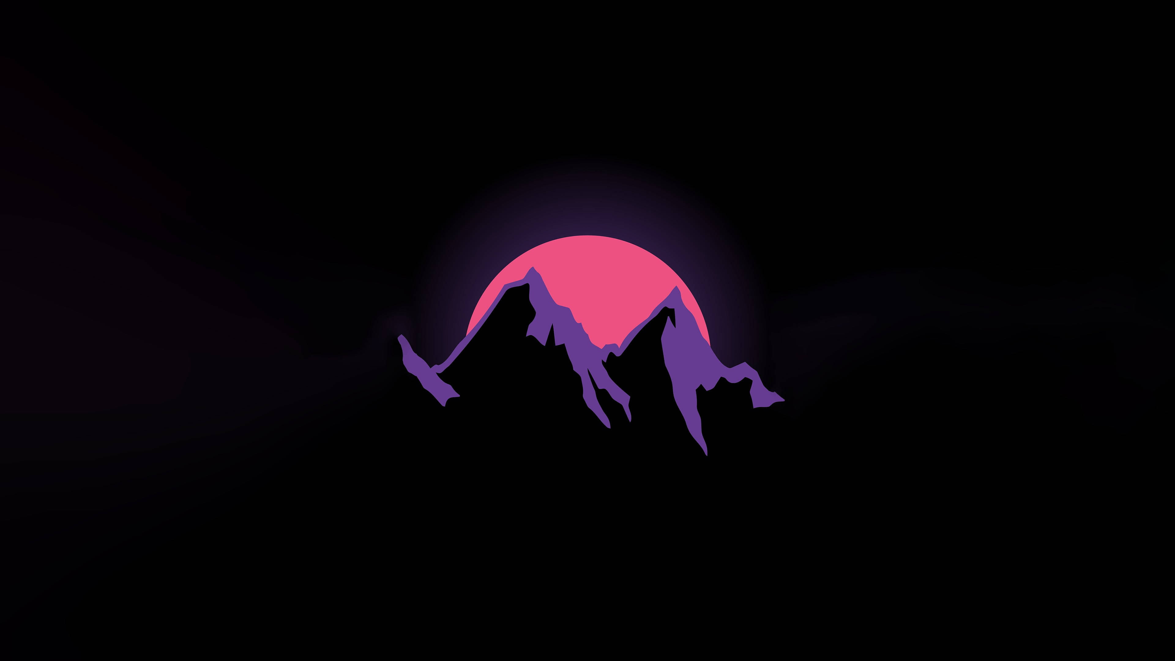 mountain silhouette, purple, glowing pink sun, 4K Desktop Wallpaper