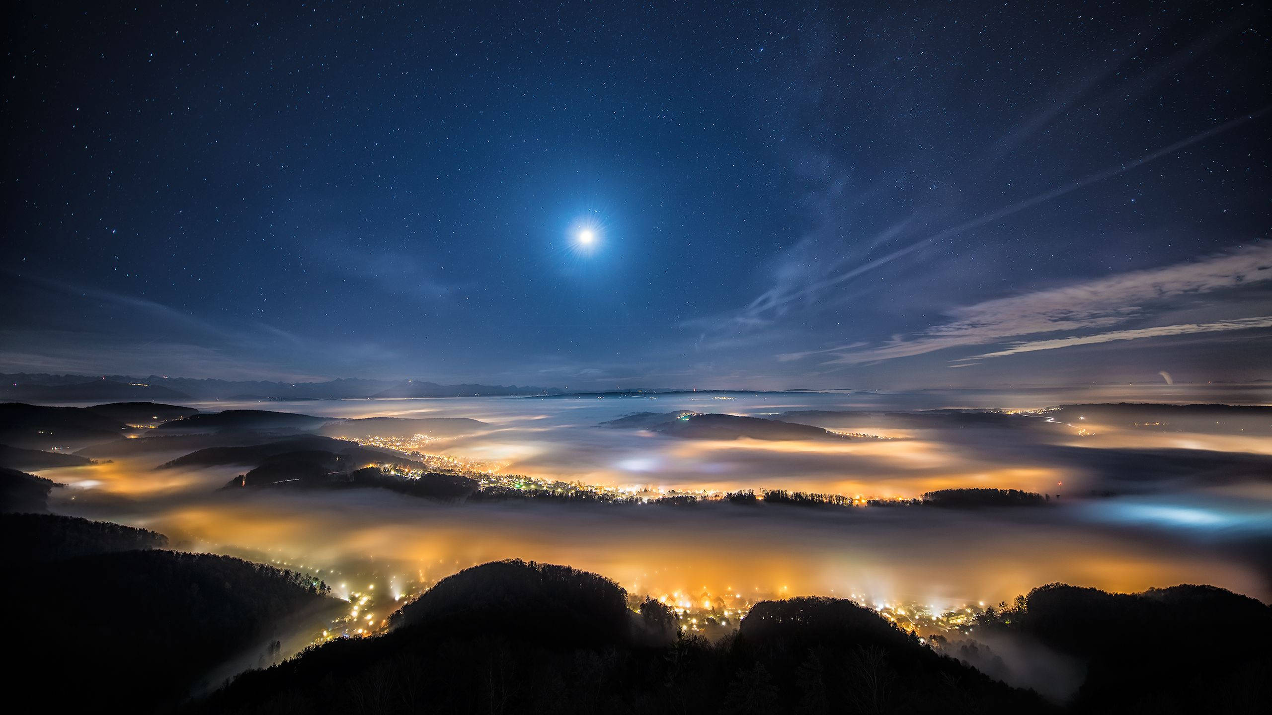 moon, glowing fog, dark forested hills, 2K Desktop Wallpaper