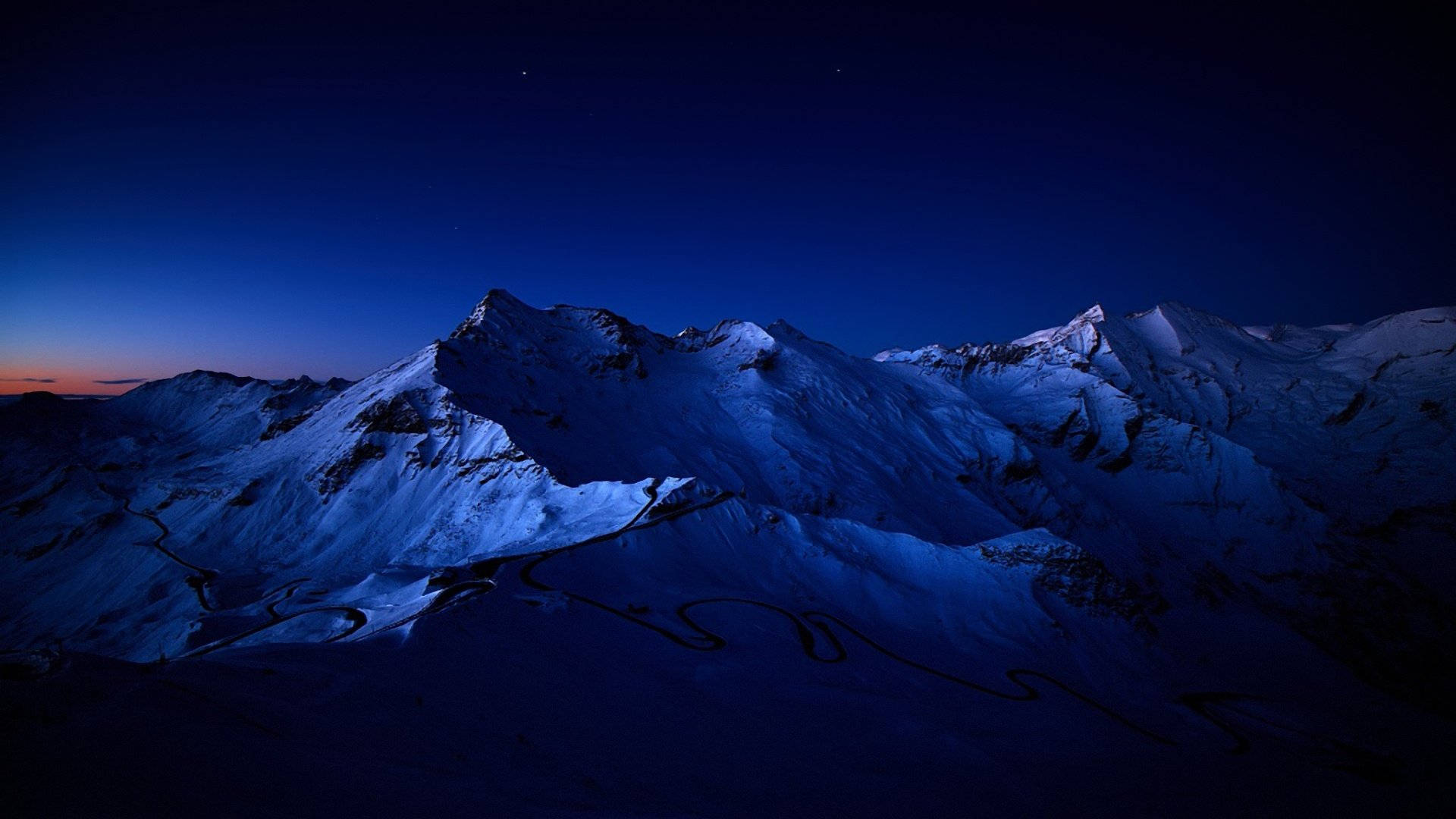 Night Mountain, Lavender lit, snowcapped mountain peaks, Full HD Desktop Wallpaper