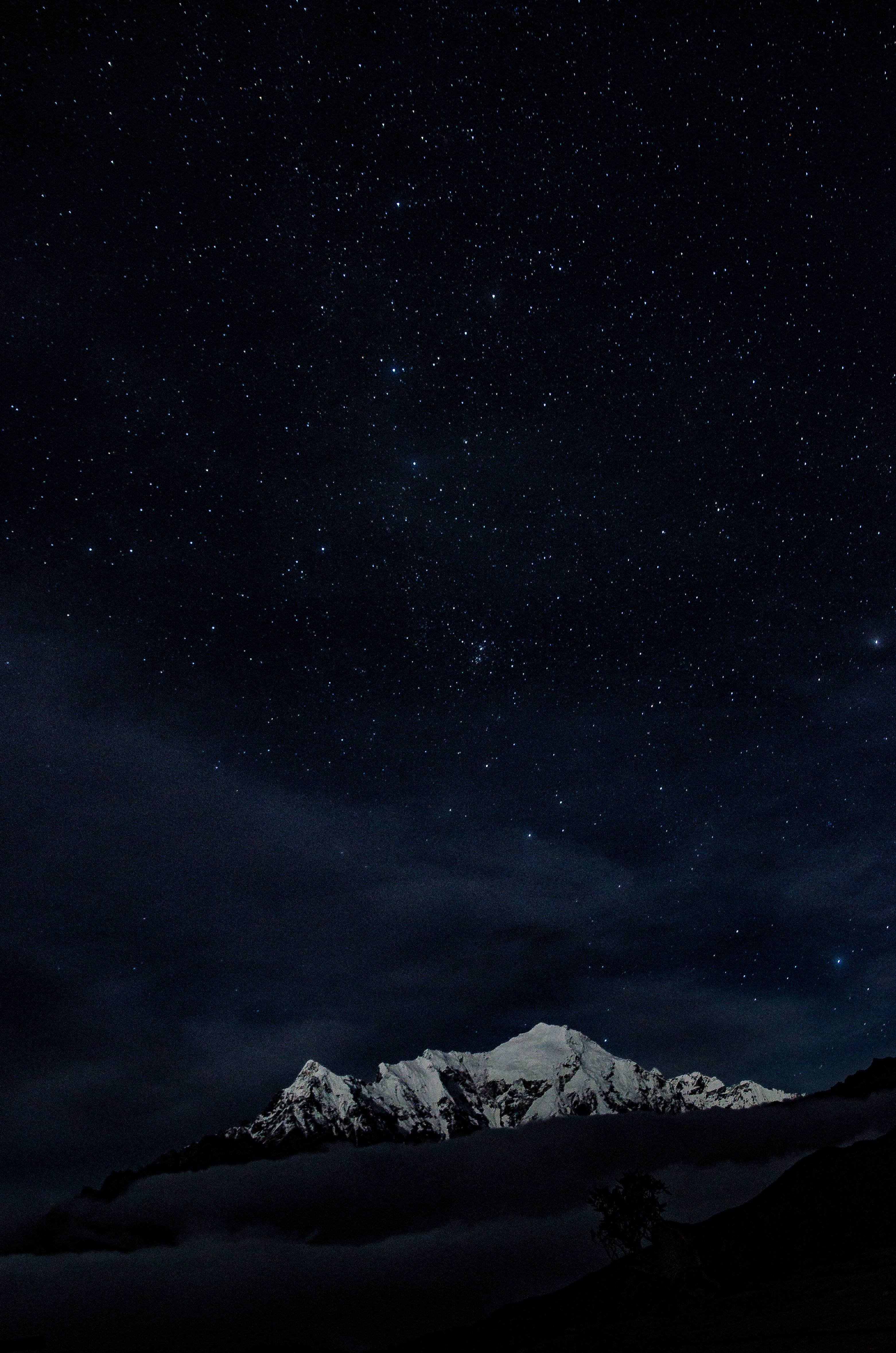 Night Mountain, snowcapped mountain peak, clouds, 4K Phone Wallpaper