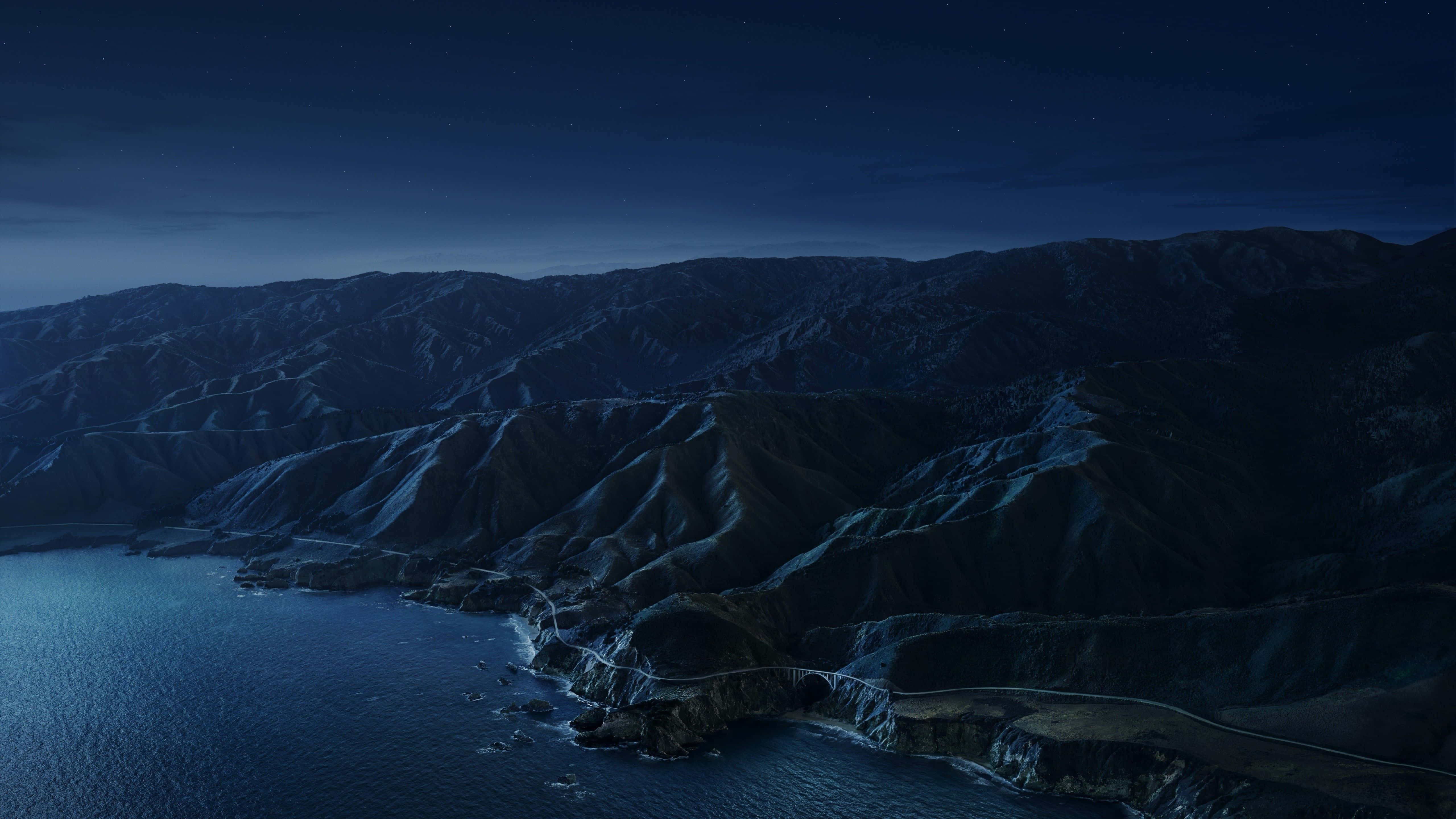 Dark Mountain, starlit sky, winding coastal road, 5K Desktop Wallpaper