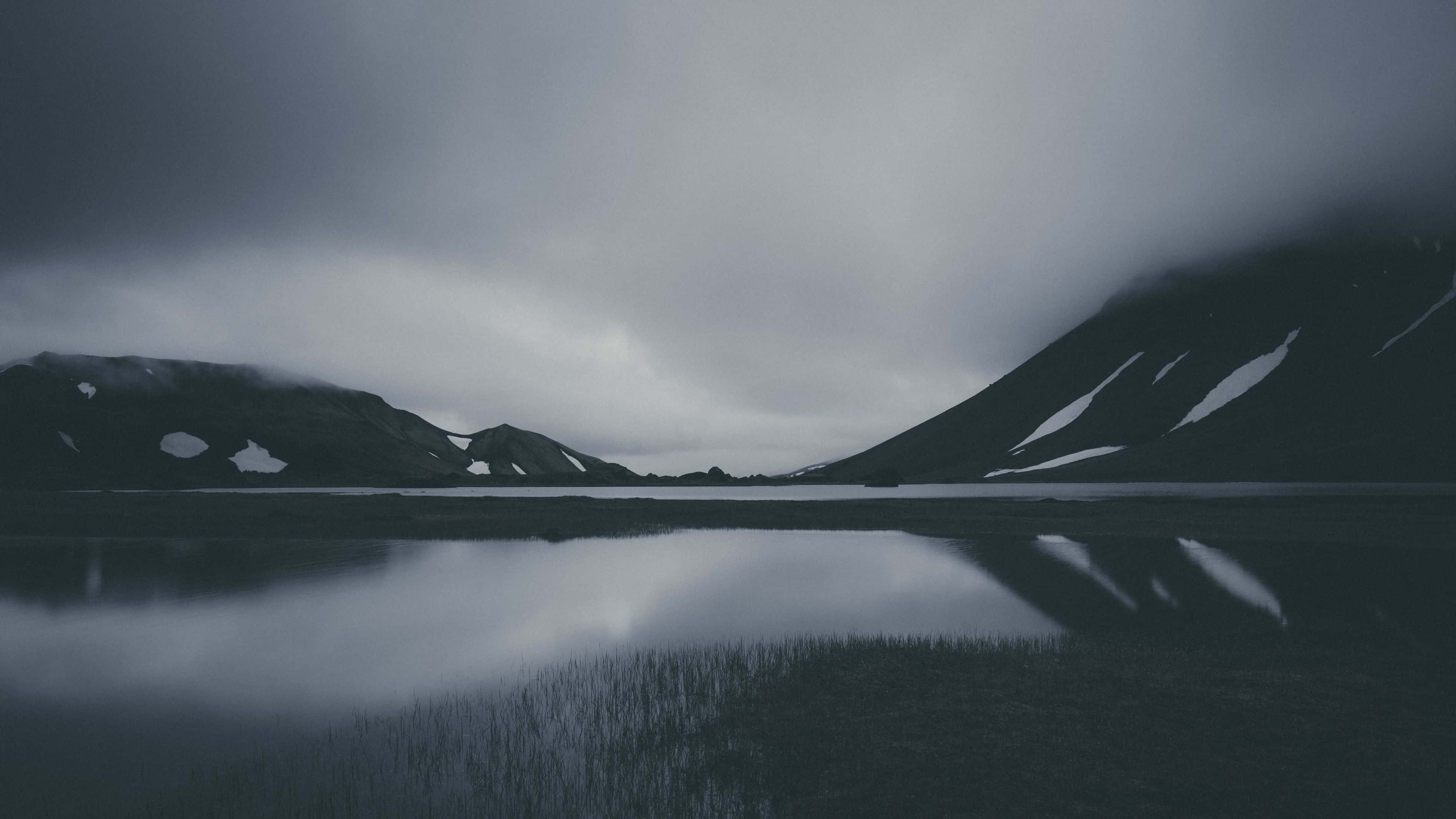 Dark Mountain, mountain lake, snow-dusted peaks, 4K Desktop Wallpaper