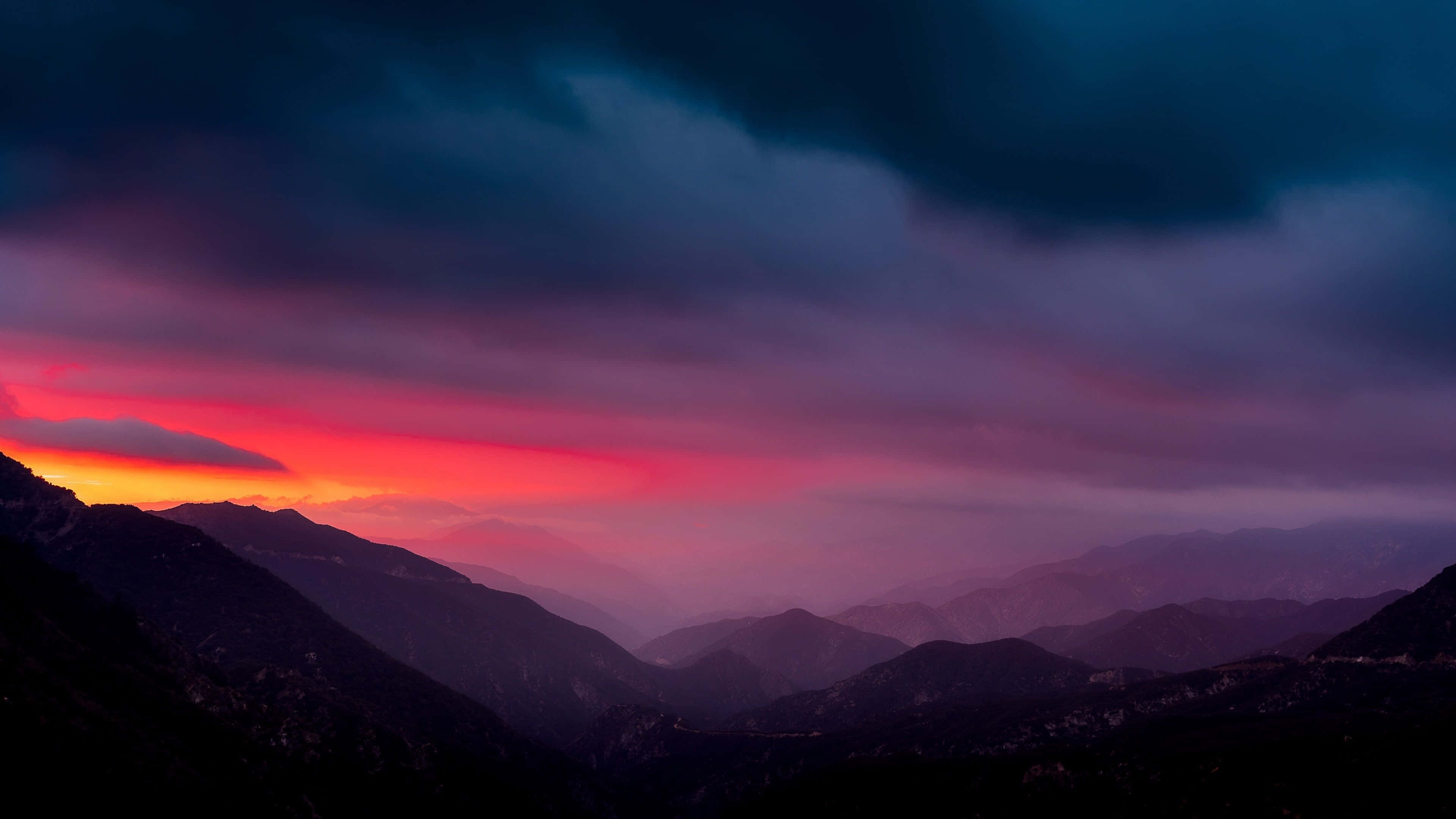 Dark Mountain, night sky, fiery sunset, 4K Desktop Wallpaper