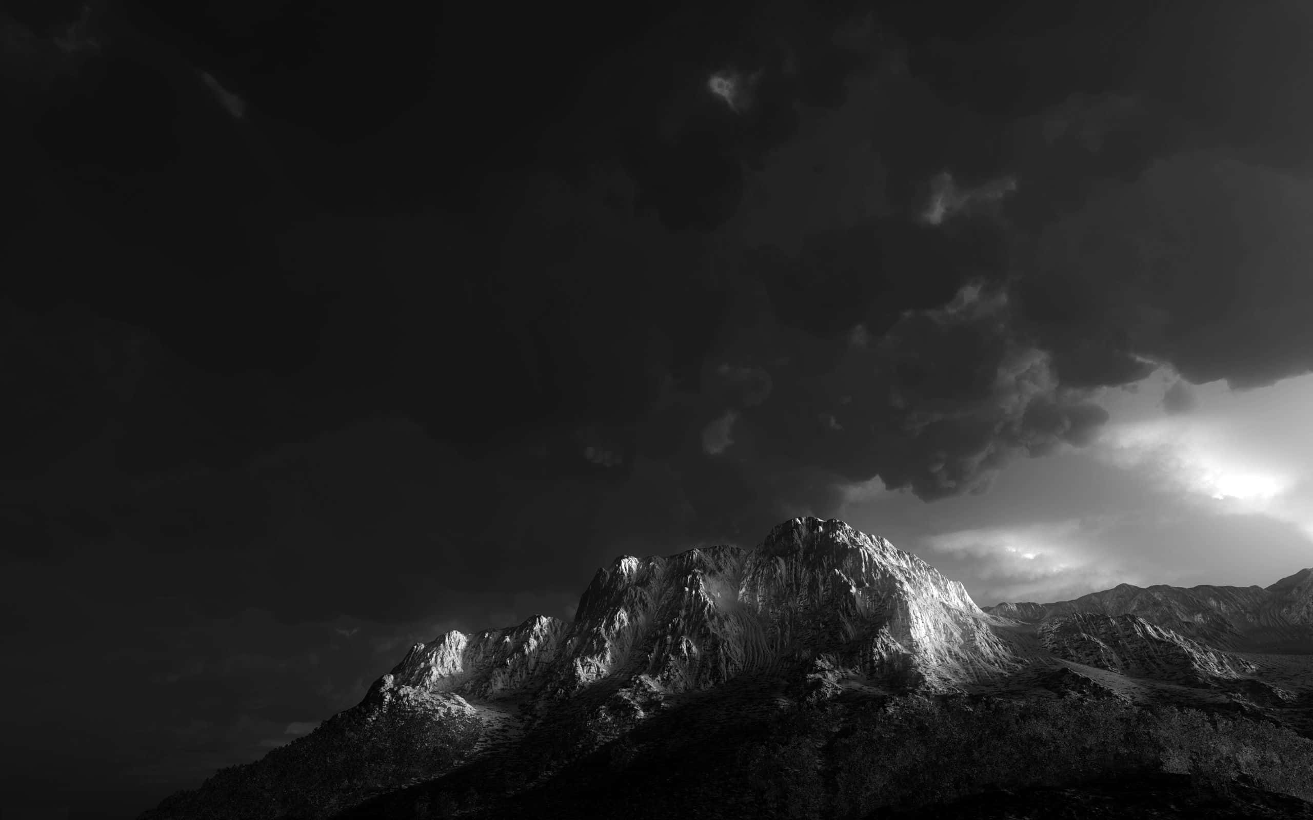 Dark Mountain, black and white mountain peak, dramatic stormy sky, 2K Desktop Wallpaper