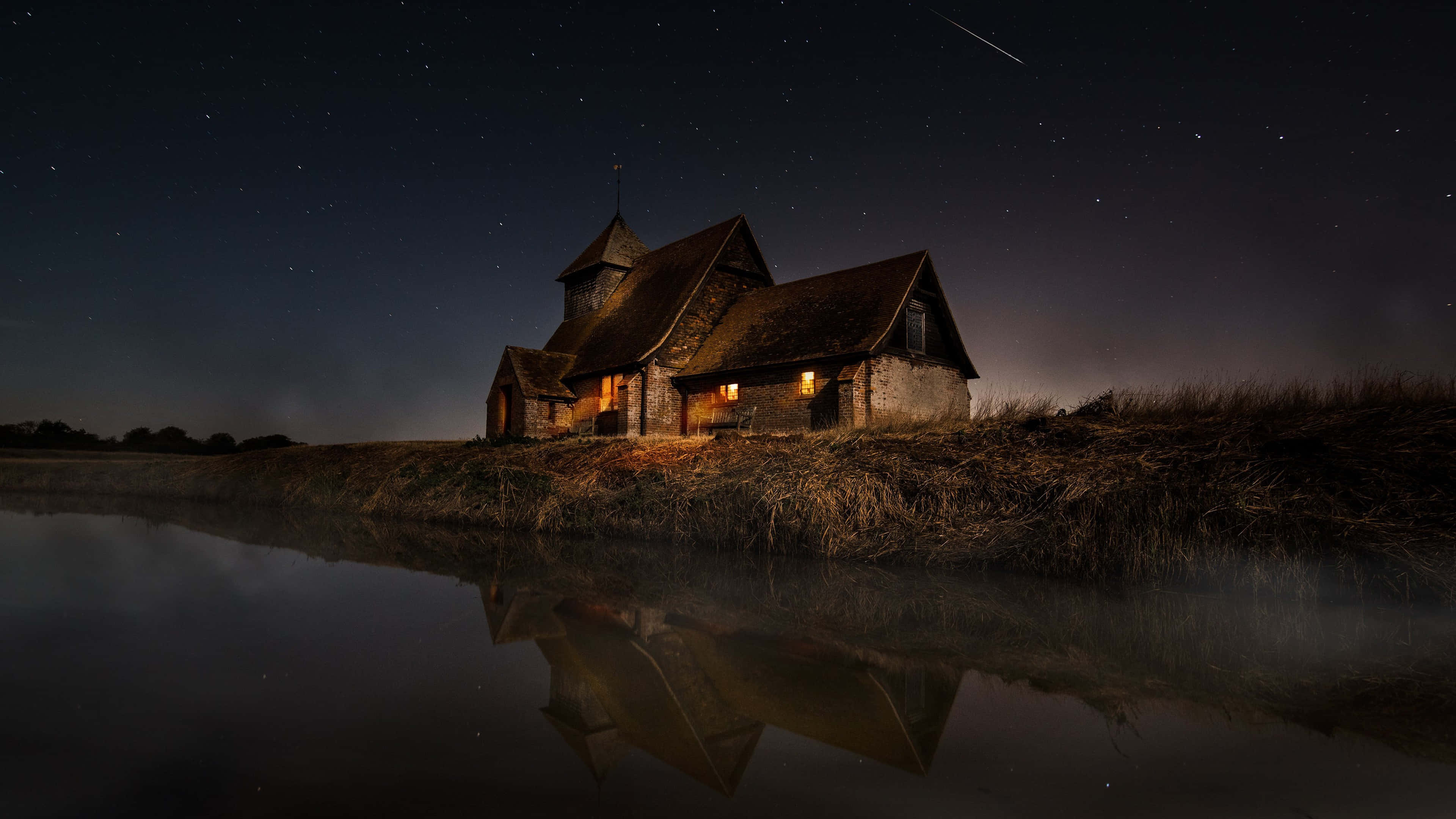 Dark Nature, rustic stone church, starry night sky, 4K Desktop Wallpaper