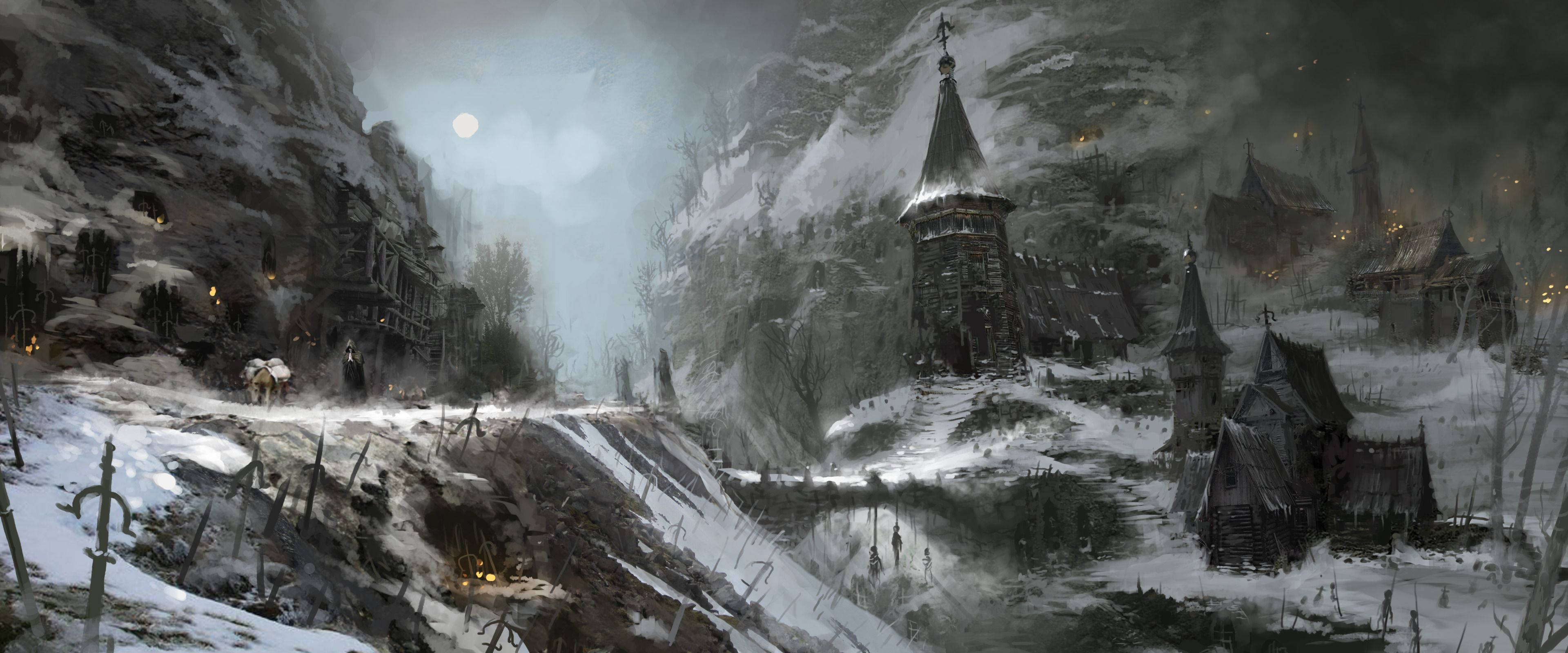 3840x1600, medieval village, misty mountain valley, 4K Desktop Wallpaper
