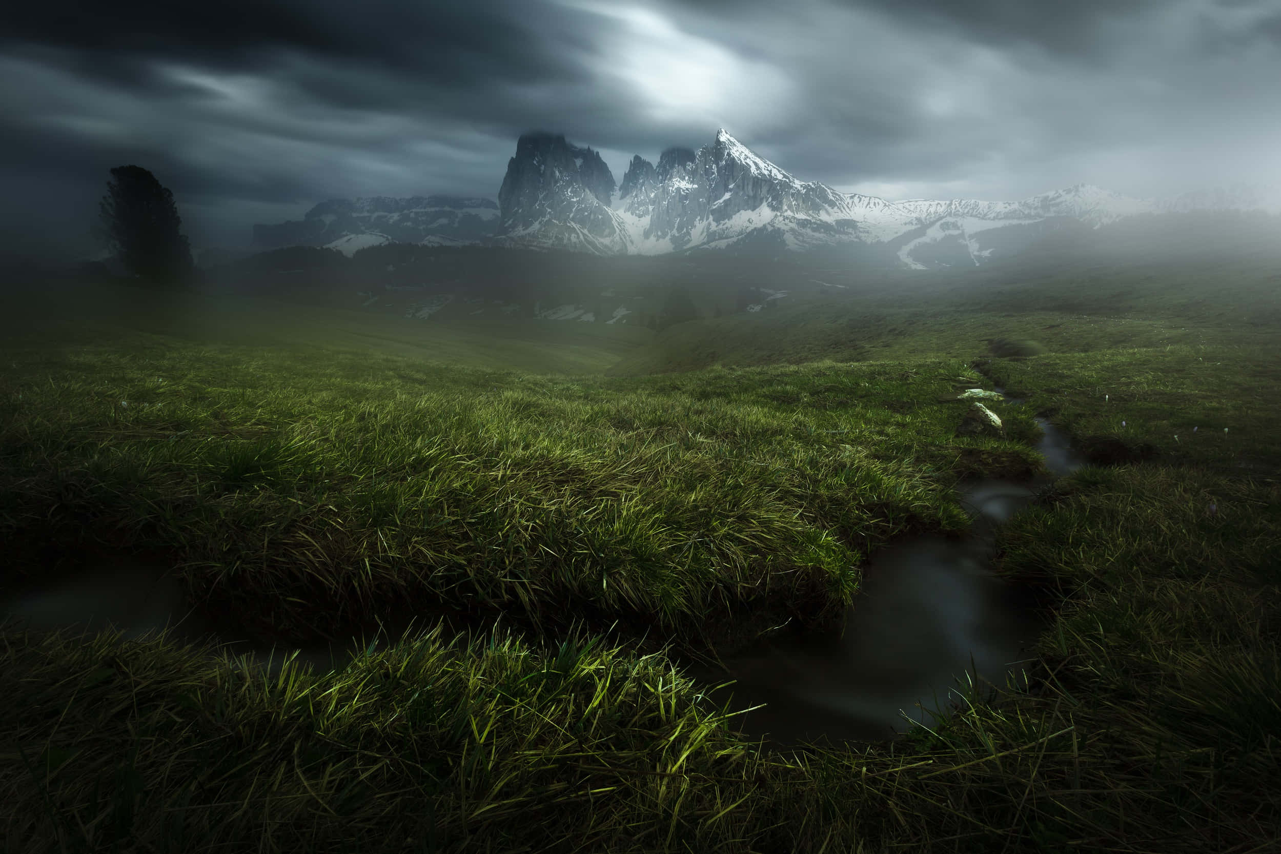 Dark Nature, misty meadow, winding stream, Full HD Desktop Wallpaper