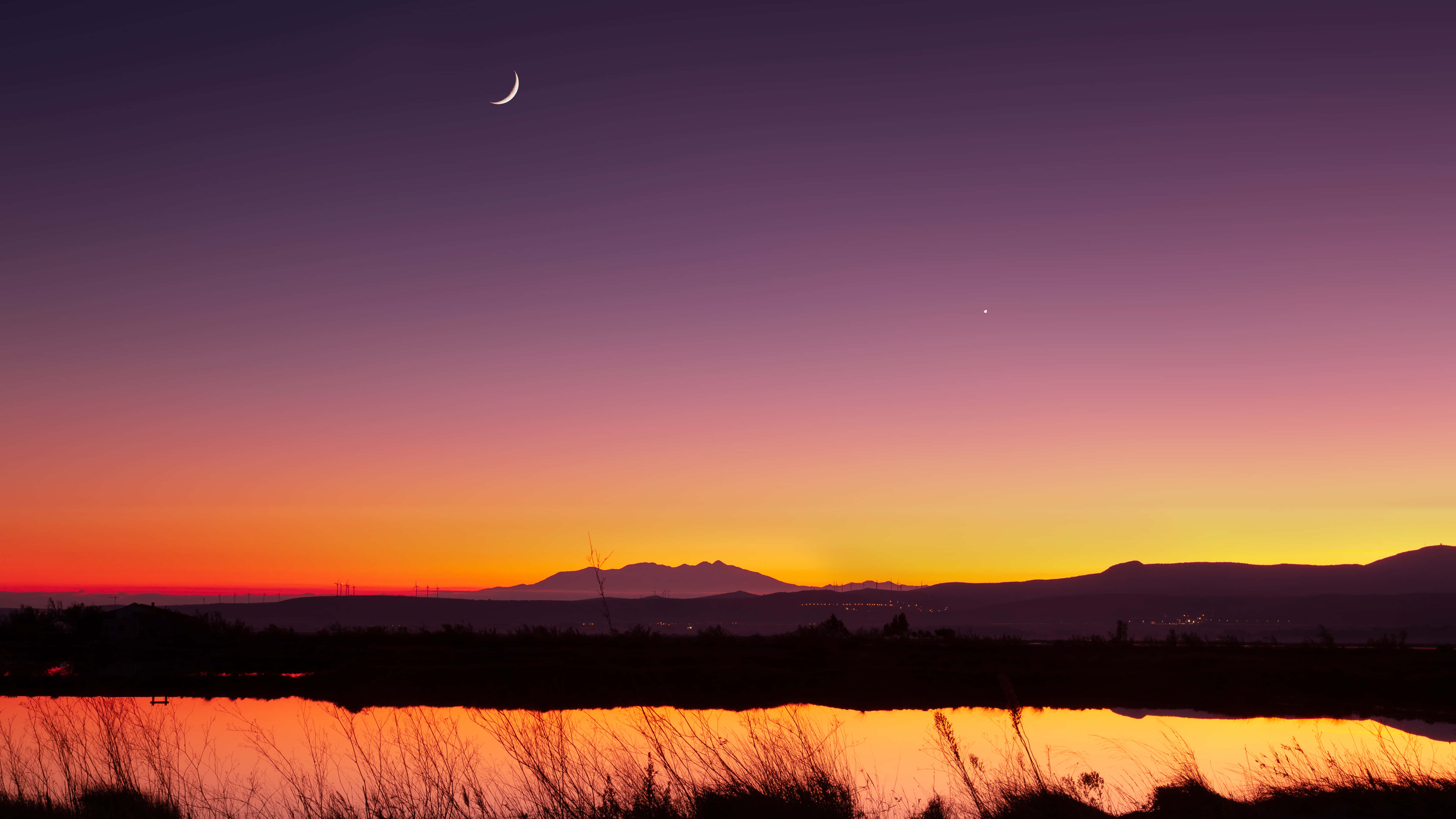 twilight sky, crescent moon, distant mountains, 5K Desktop Wallpaper