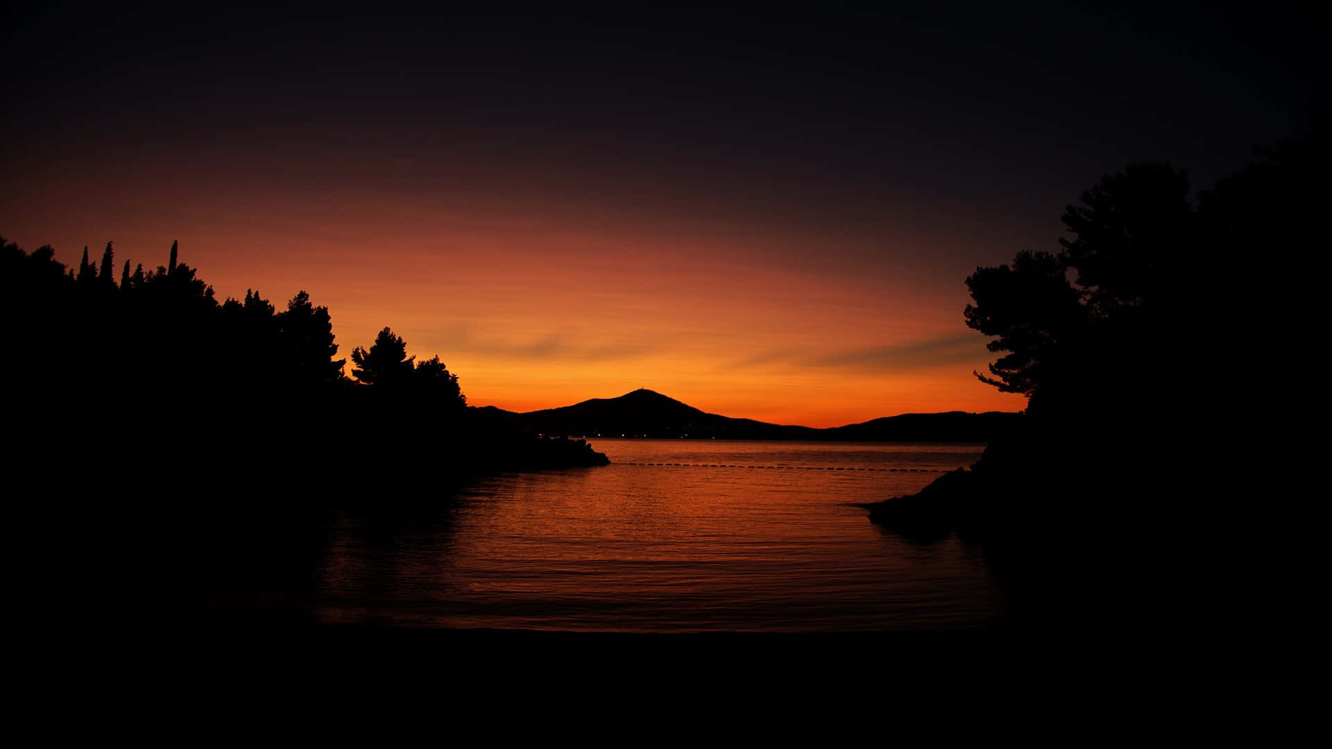 Dark Nature, silhouetted trees, tranquil bay, Full HD Desktop Wallpaper