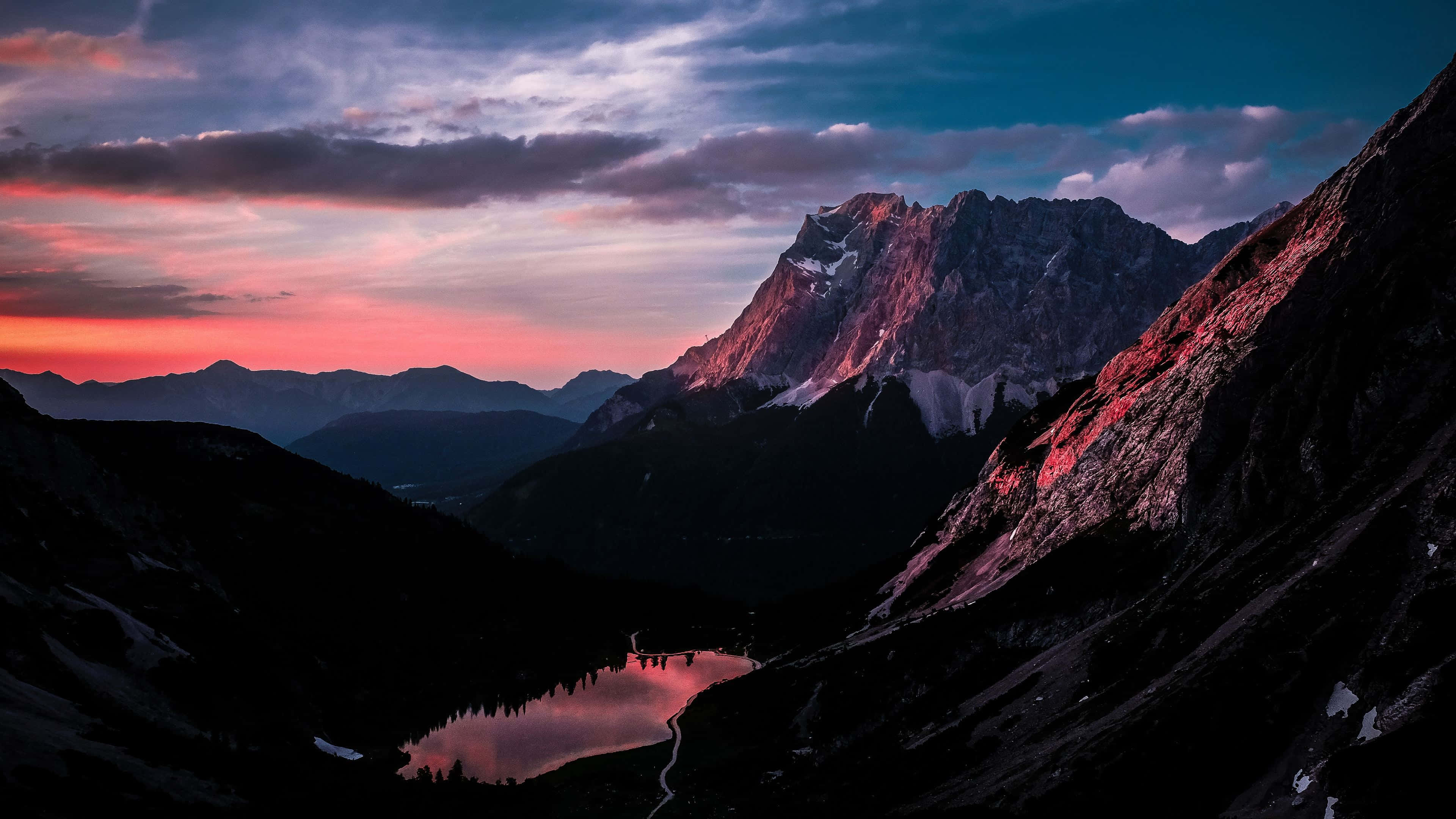 mountain range, alpine lake, sunset, 4K Desktop Wallpaper