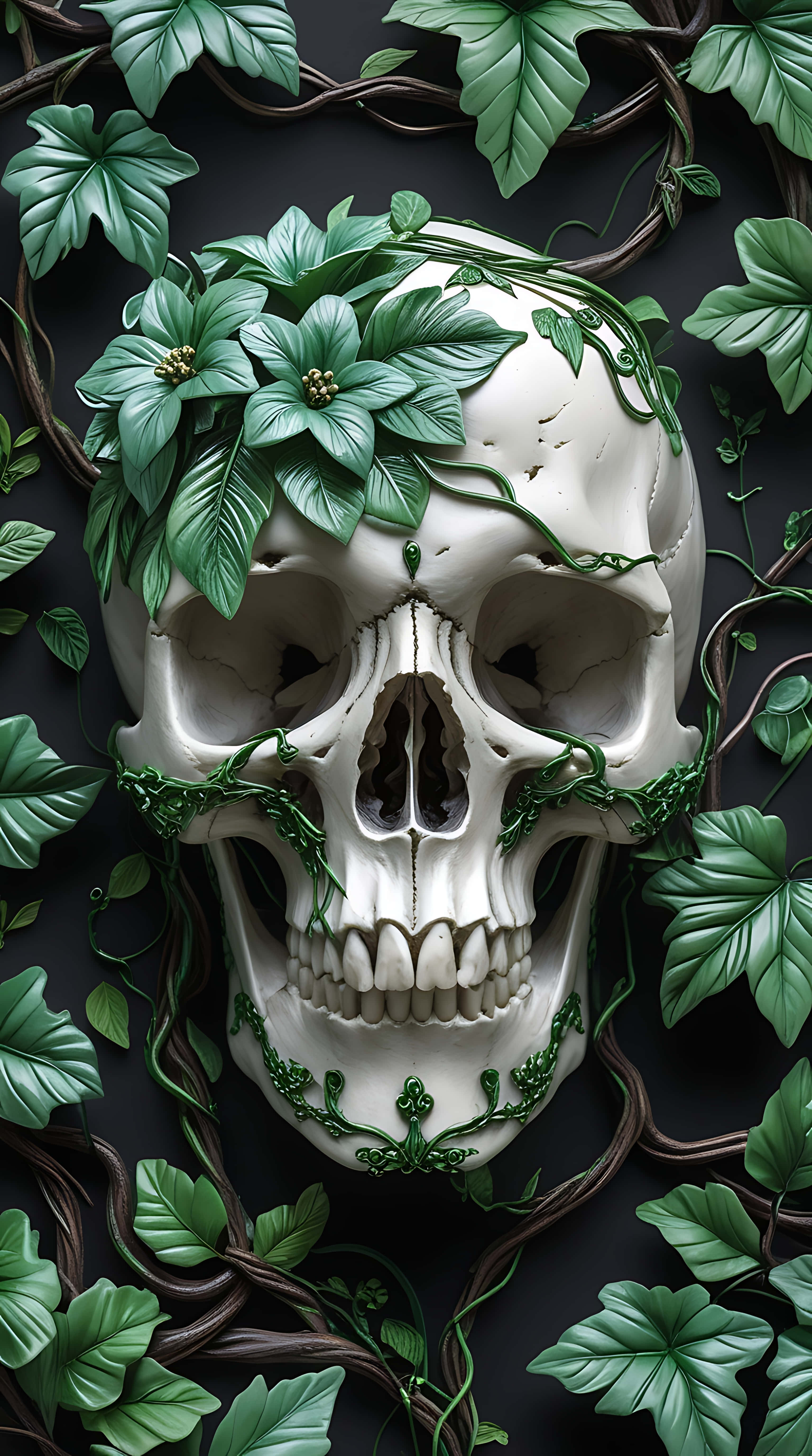floral skull, vines, emerald leaves, 5K Phone Wallpaper