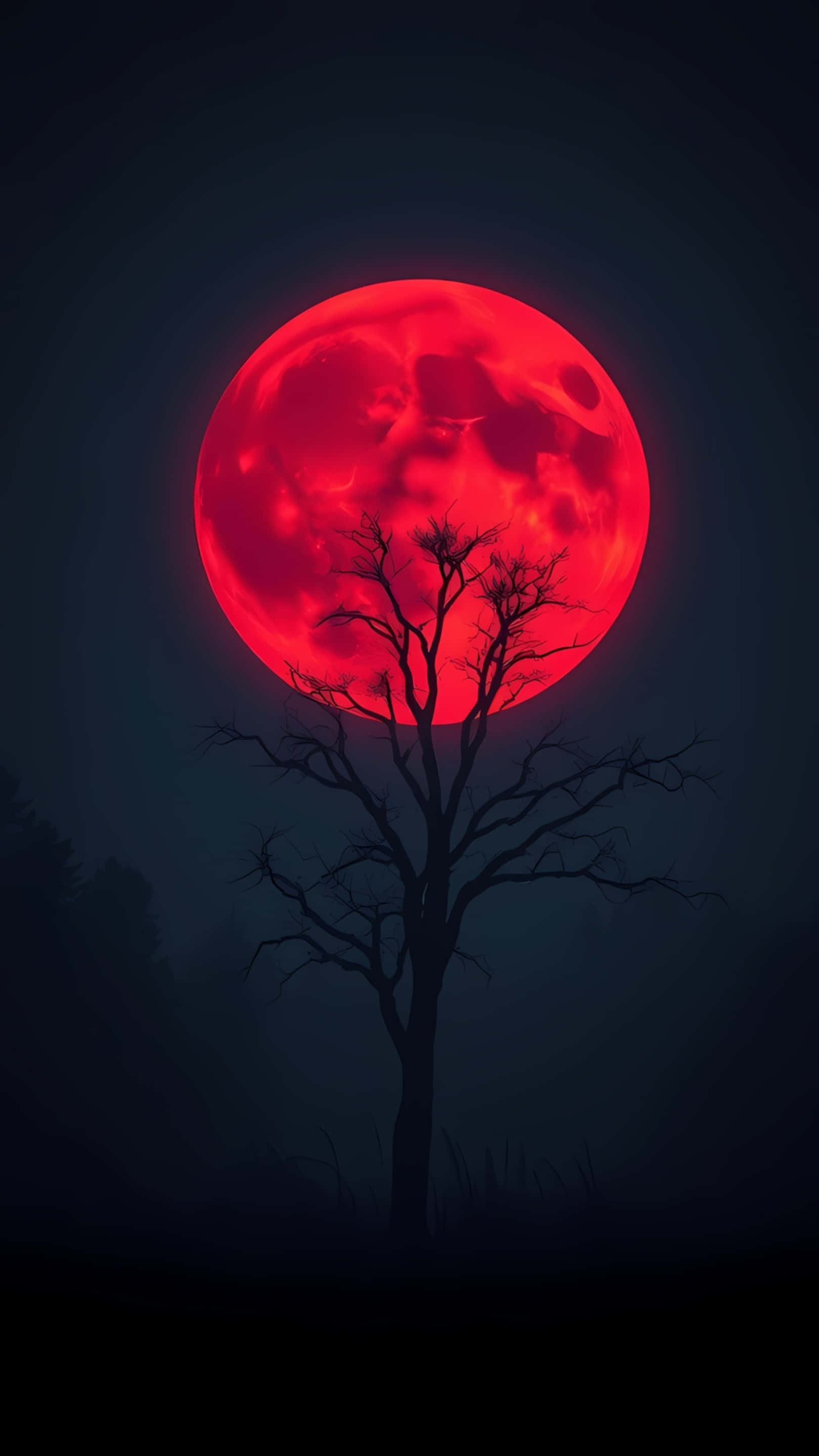 blood red full moon, dead tree, dark misty night sky, 2K Phone Wallpaper