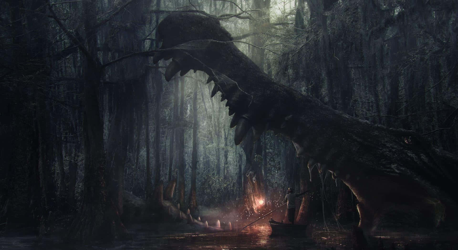 colossal dinosaur, misty swamp forest, lone figure in a boat, Full HD Desktop Wallpaper
