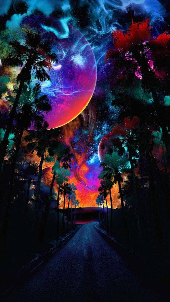 Dark Neon iPhone, palm trees, surreal cosmic sky, SD Phone Wallpaper